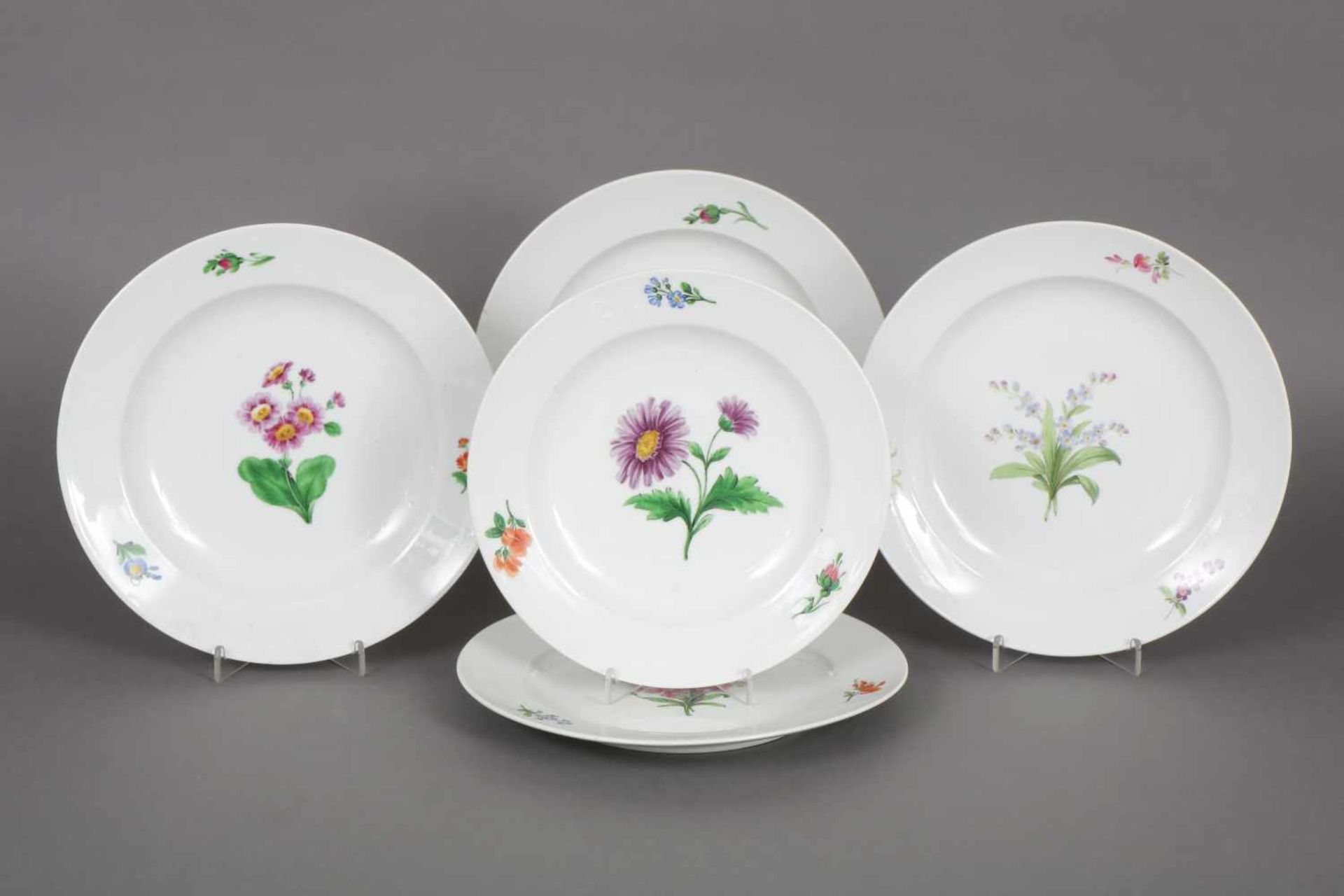 5 MEISSEN Teller19. Jhdt., polychromes Blumendekor, Schwertermarke, D 22-24cm