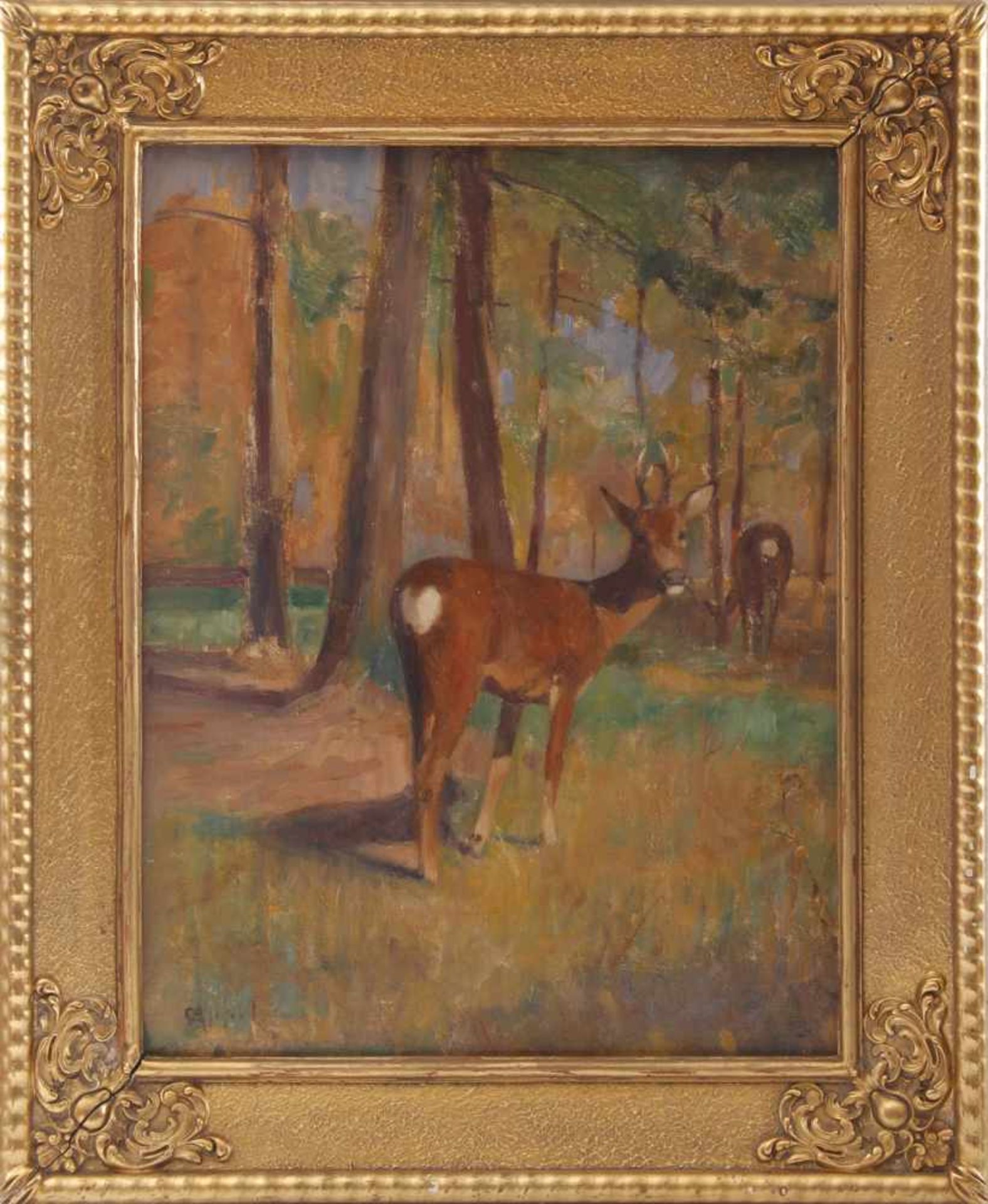 Wohl CARL APPEL (1866 Altona-1937 ebenda)Öl auf Leinwand, ¨Zwei Rehe auf einer Waldlichtung¨, um