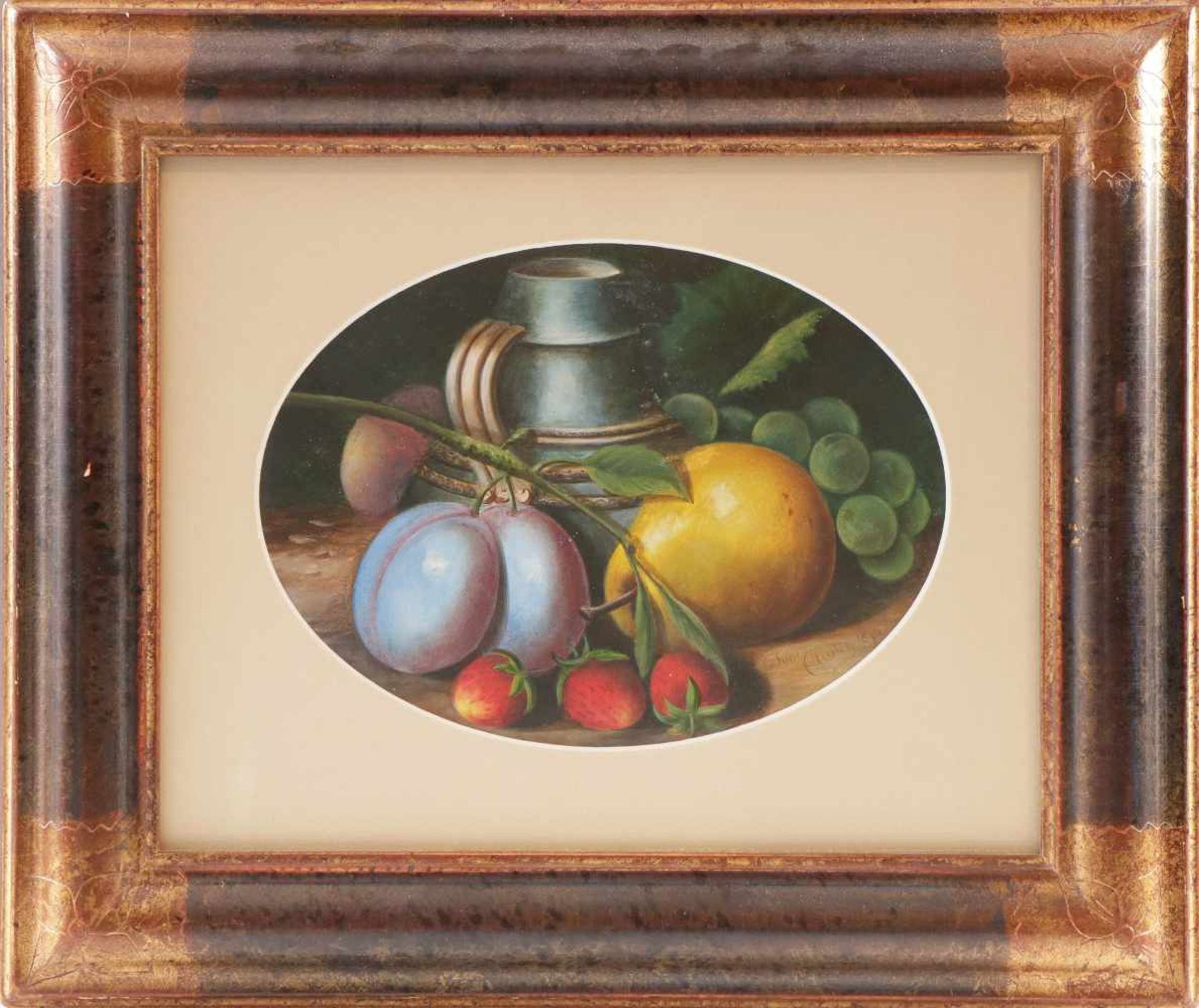 TOM RIDLEY (19. Jahrhundert)Öl auf Karton, ¨Stillleben mit Erdbeeren, Pflaumen, Birne und Krug¨,