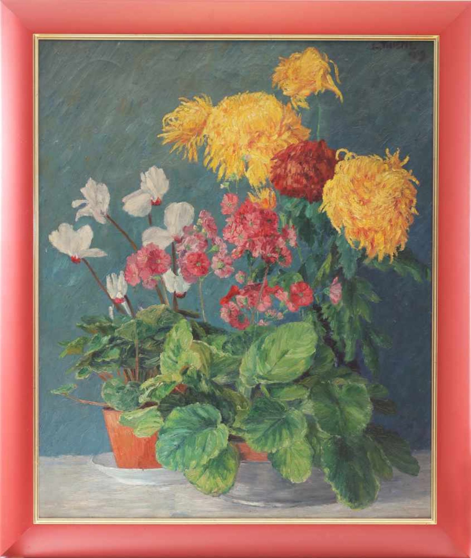 LEOPOLD THIEME (1880 Rochlitz-1963 Lübeck)Öl auf Leinwand, ¨Blumenstilleben mit Chrysanthemen¨, oben
