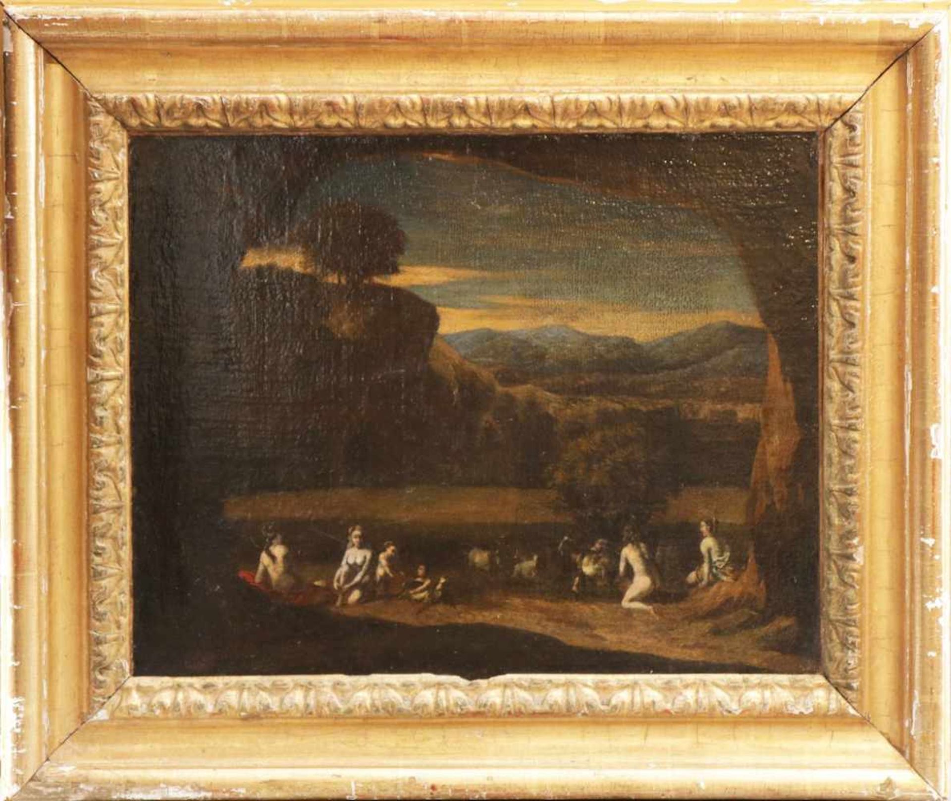 ANONYMER KÜNSTLER des 17. Jahrhunderts Öl auf Leinwand (doubliert), ¨Bukolische Landschaft¨,