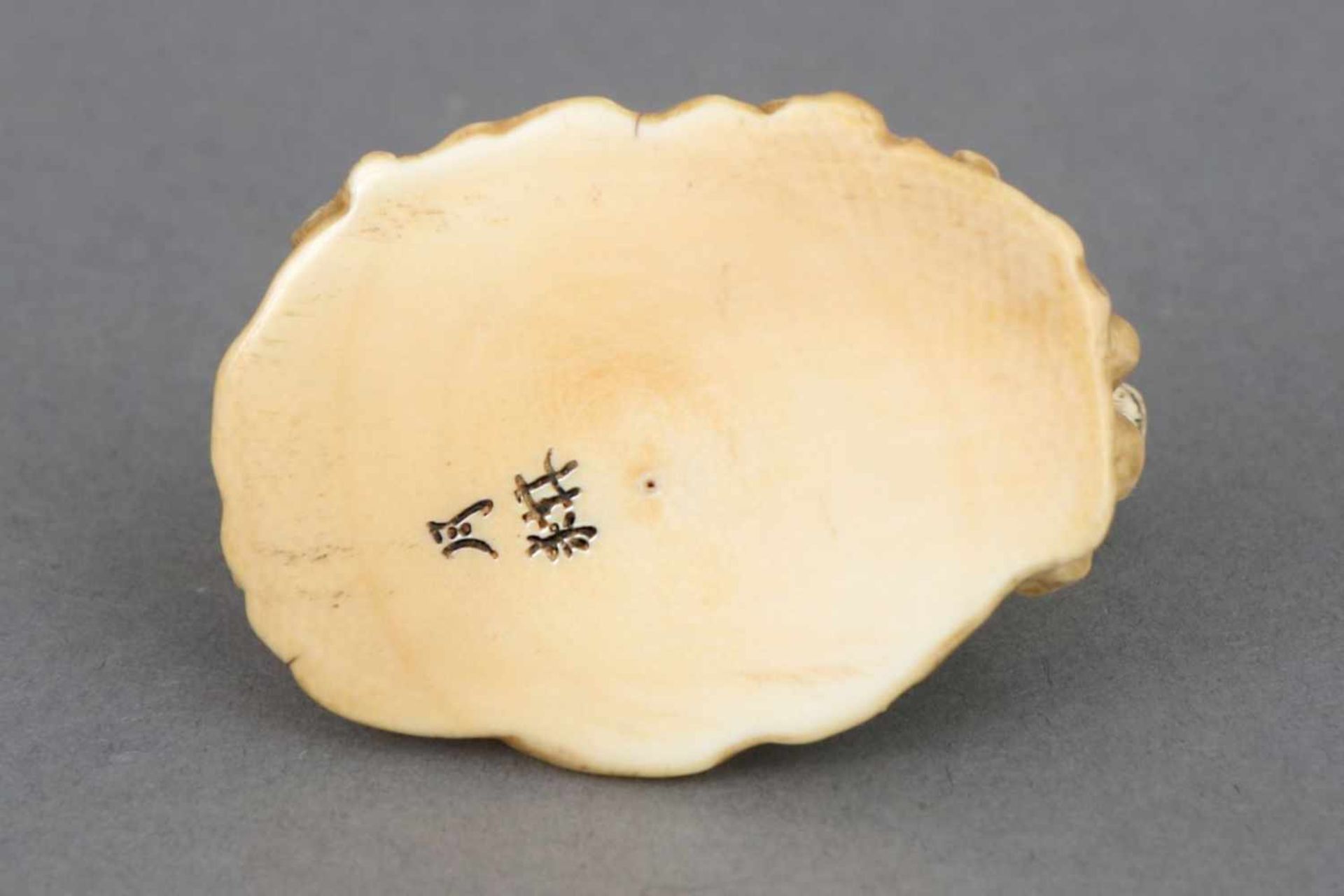NetsukeJapan, Meiji, Elfenbein, geschnitzt, ¨Hund greift Büffel¨, partiell geschwärzt, am Boden - Image 3 of 3