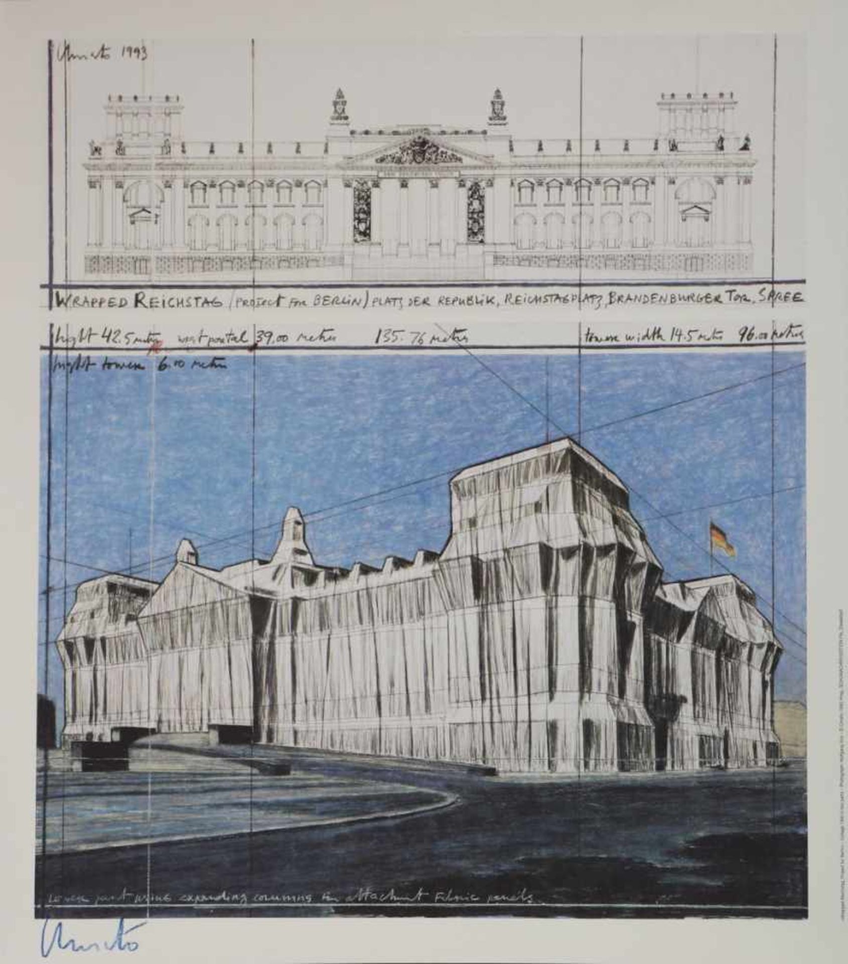 CHRISTO (1935 Gabrowo)Plakat (Farboffset), ¨Wrapped Reichstag. Project for Berlin¨, unten links