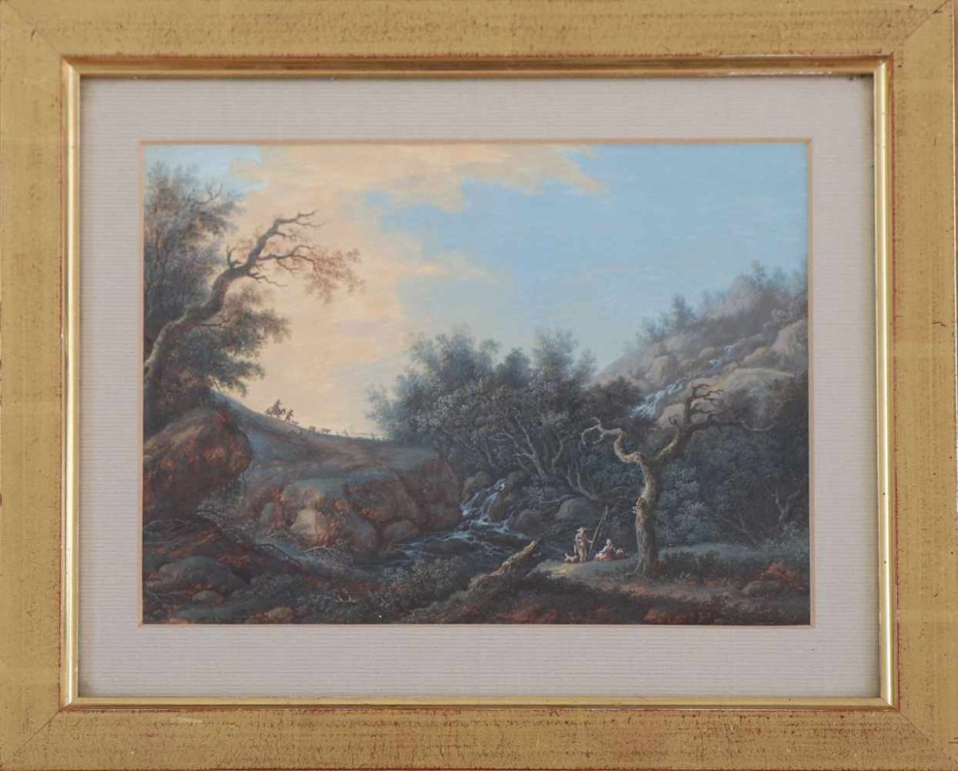 ANONYMAquarell auf Papier, ¨Bukolische Landschaft mit Hirten an felsigem Flusslauf¨, ca. 16x20,