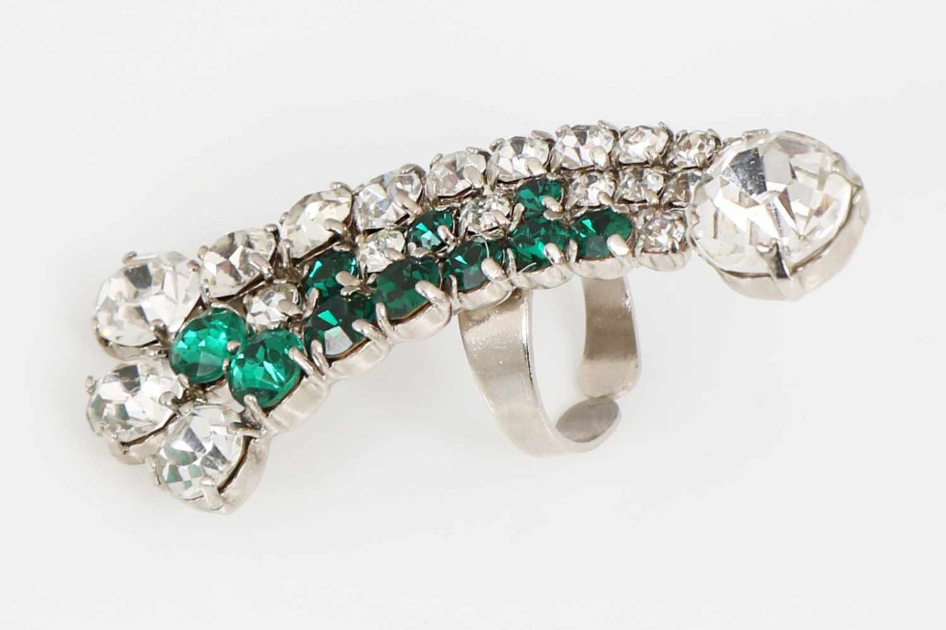 Modeschmuck Ring MAX MÜLLERMetall, silberfarben, weißer und grüner Strassbesatz, L ca. 6cm