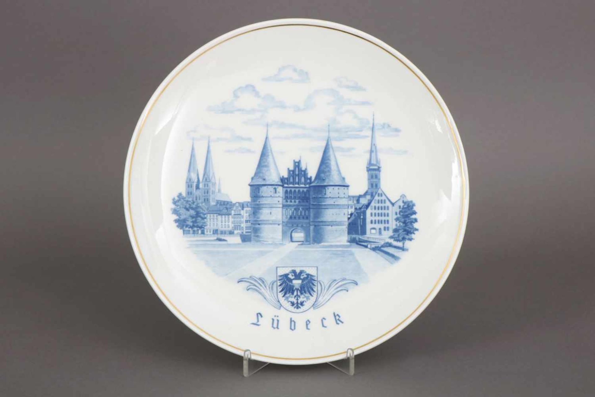 MEISSEN Wandteller ¨Holstentor zu Lübeck¨2. Hälfte 20. Jhdt., im Spiegel Druckdekor des Lübecker