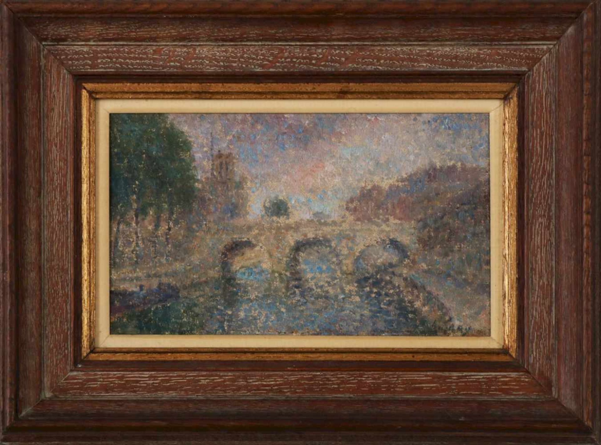 GEORGES AUFRAY (1864 Ecouen/Paris - 1941)Öl auf Malpappe, ¨Blick auf die Seine mit Brücke¨, unten