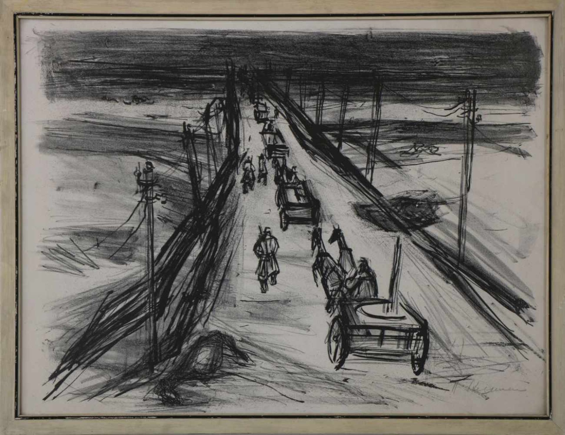 HEINRICH STEGEMANN (1888 Hamburg - 1945 ebenda)Lithografie, ¨Brücke mit Kutschen und Soldaten¨,