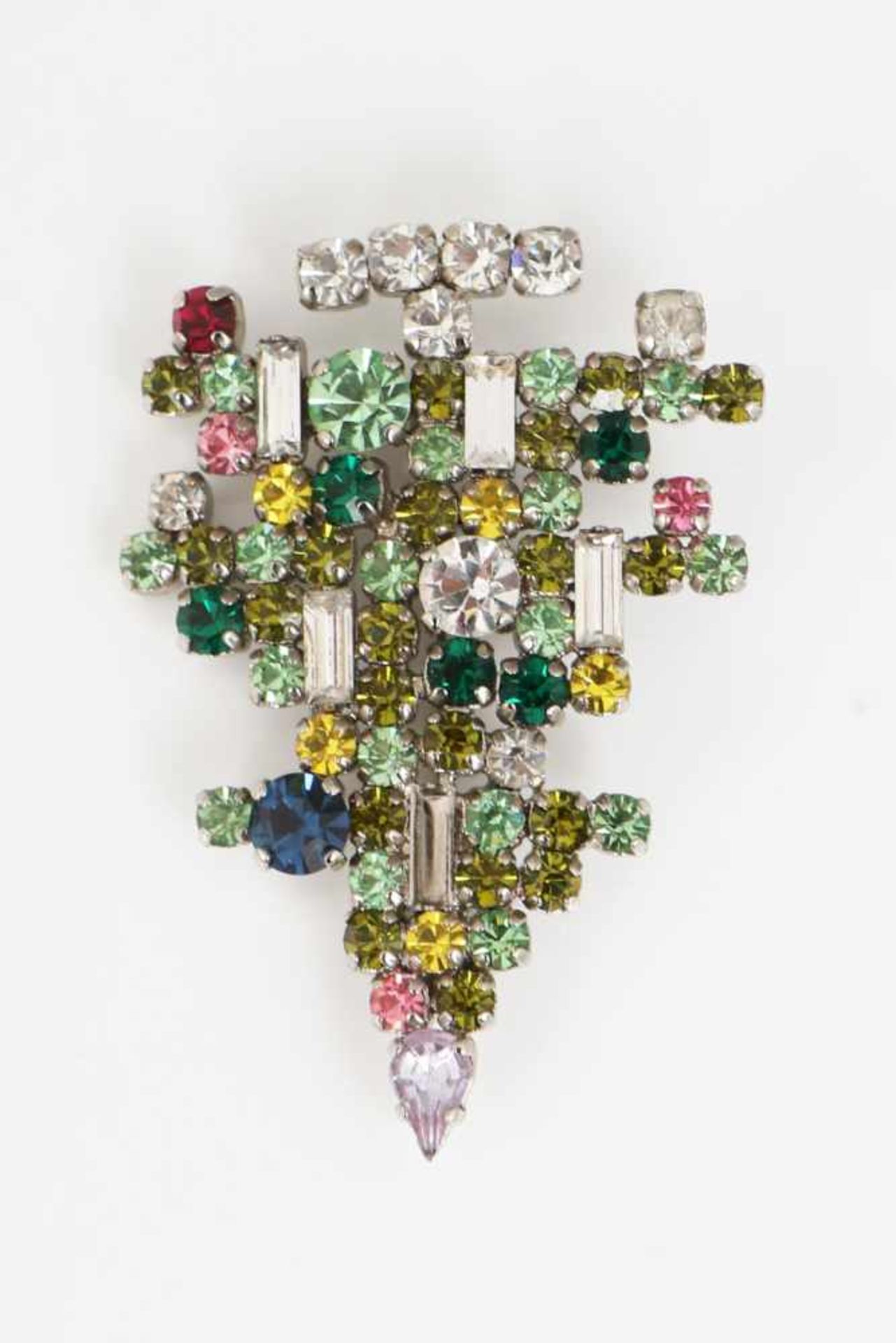 Modeschmuck BroscheModeschmuck, Neugablonz, wohl um 1940-50, Metall, farbige Strasssteine (grünlich,