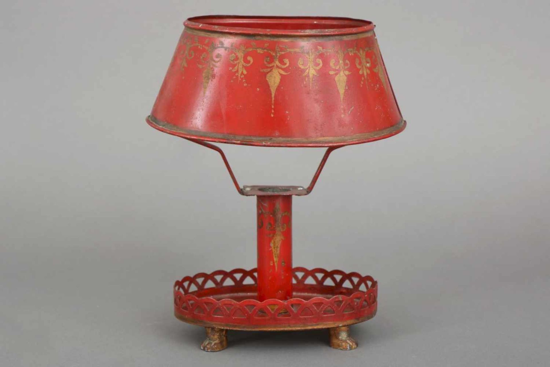 Bouillotte Tischlampe des 19. JahrhundertsBlech, rot lackiert, goldenes Schablonendekor, ovaler,