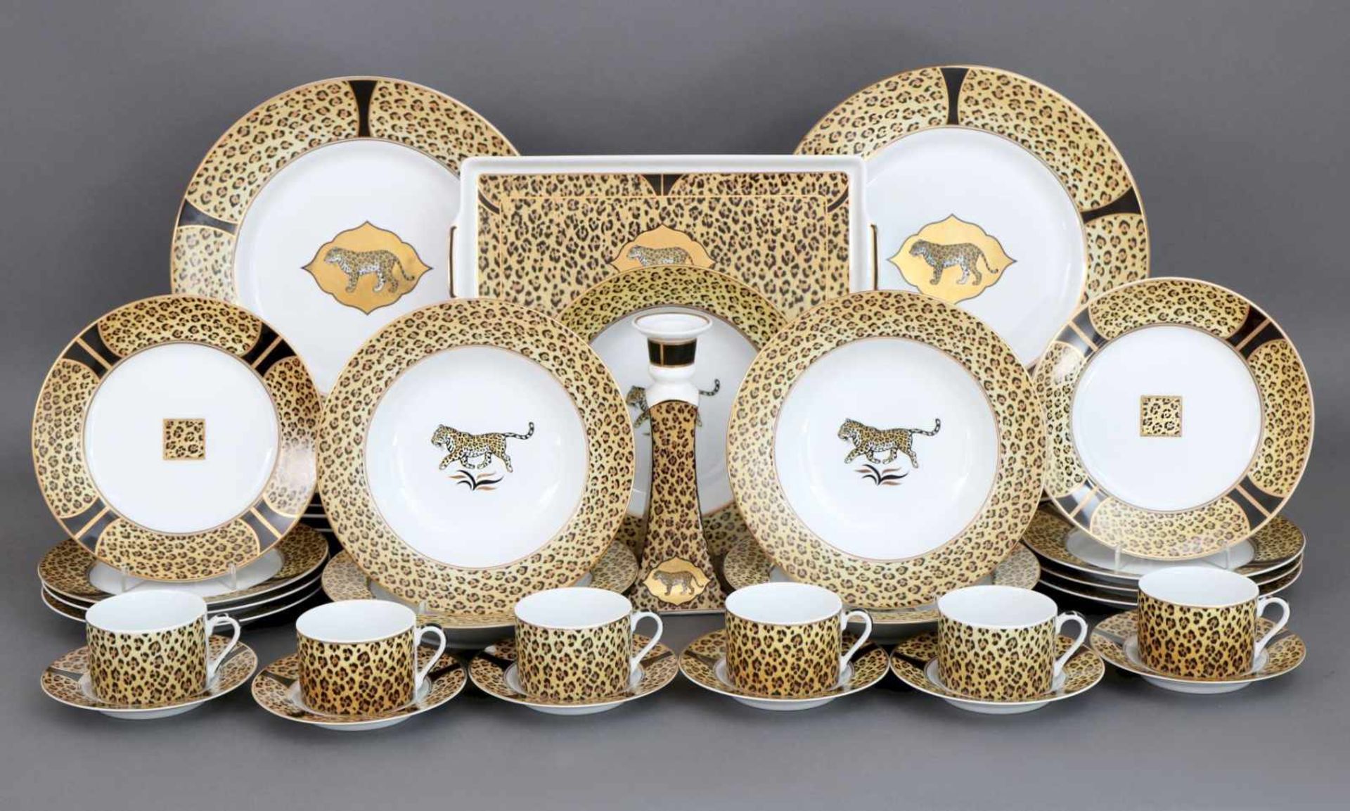 LYNN CHASE Restservice ¨Amazonian Jaguar¨ Porzellan, 24K Blattgold-Auflage, Leoparden-Dekor,