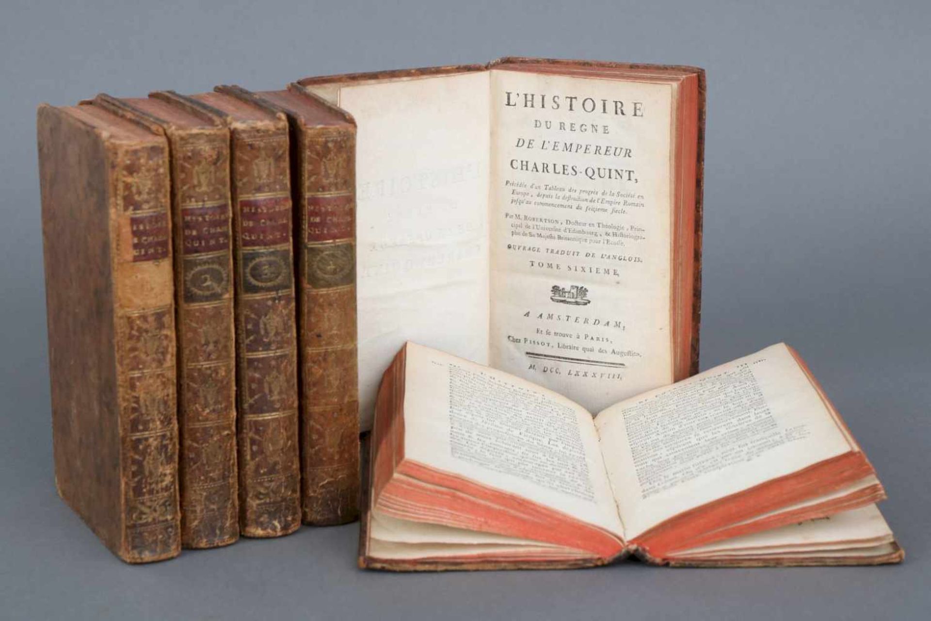 6 Bände ¨L´Histoire du Regne de l´Empereur Charles-Quint¨par M. Robertson, gedruckt bei Pissot,