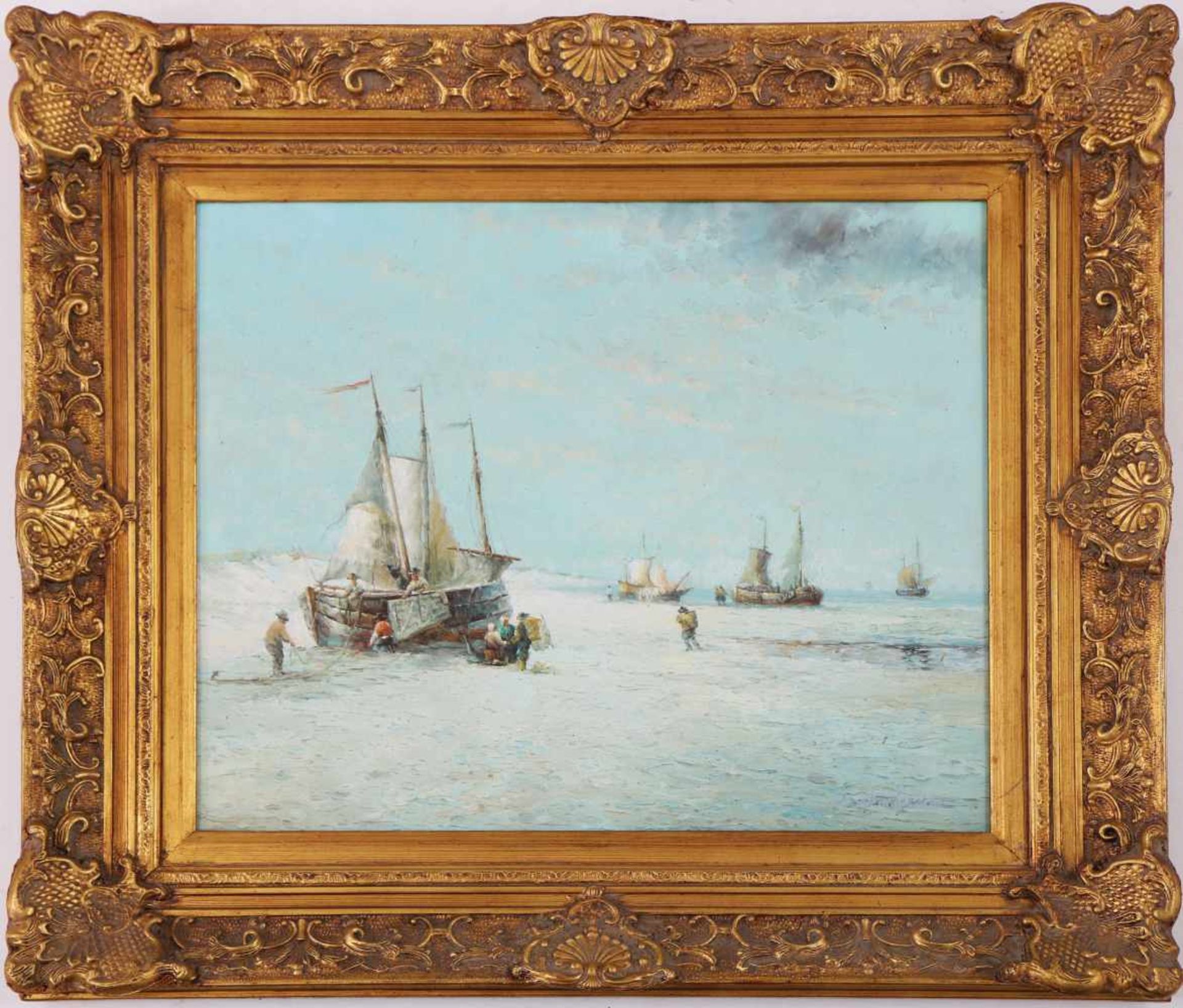 UNBEKANNTER KÜNSTLER Öl auf Leinwand, ¨Ankunft am Eis (Figuren beim Entladen der Schiffe auf