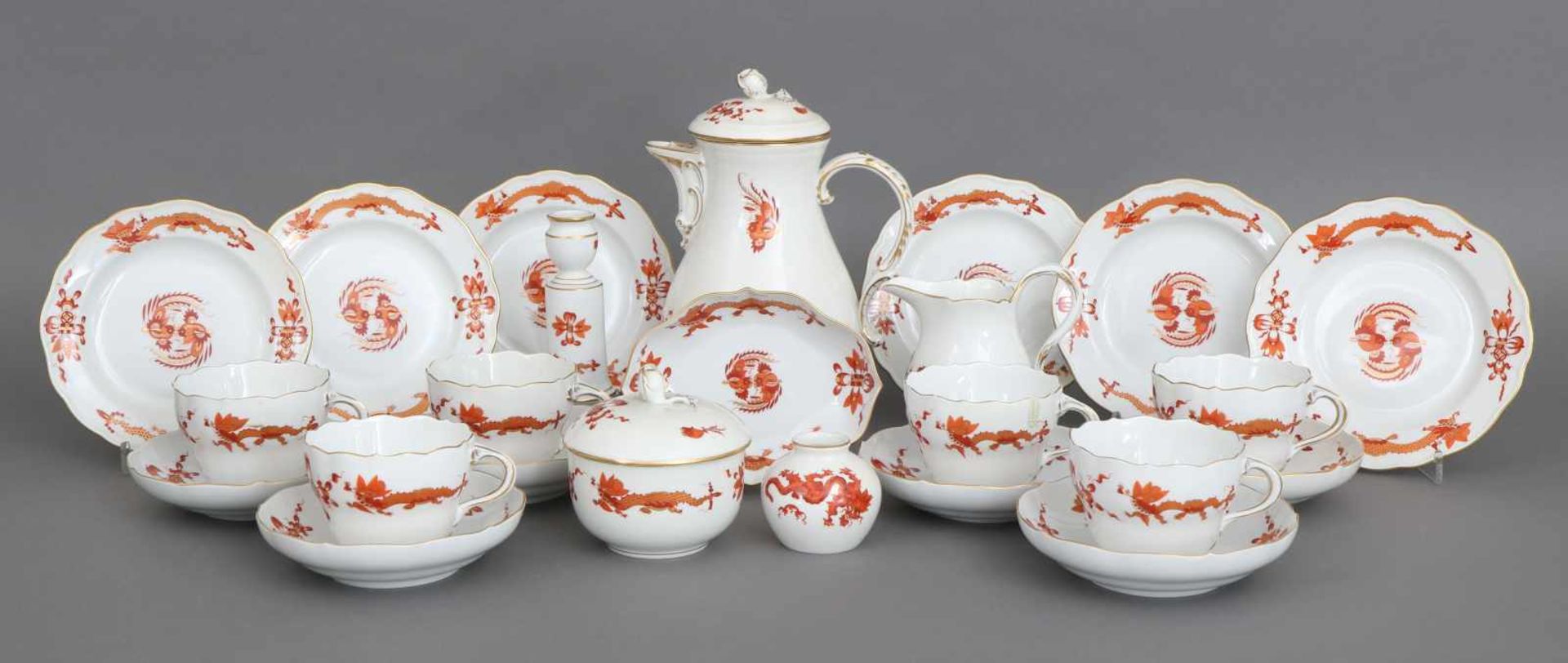 MEISSEN KaffeeserviceDekor ¨Reicher Hofdrache (rot)¨, Goldstaffage, bestehend aus 1 Kanne, 6