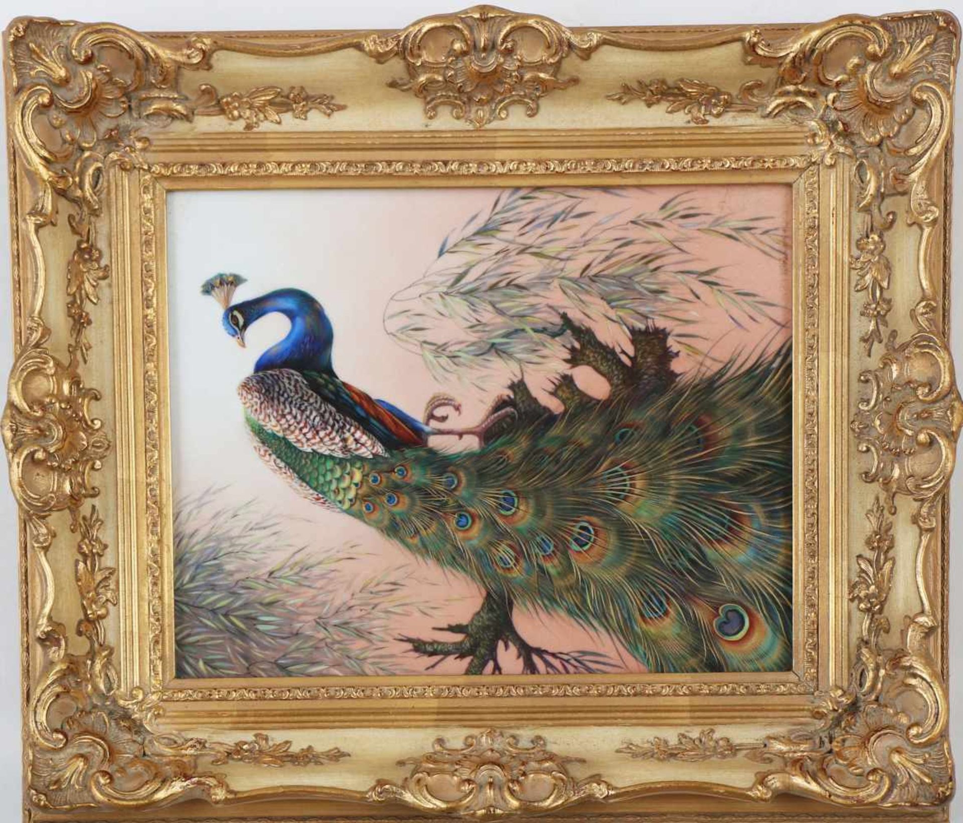 F. H. PORZELLAN Porzellanbild ¨Pfau auf Weidengeäst¨handgemalt, um 1970, ca. 20x22cm, gerahmt