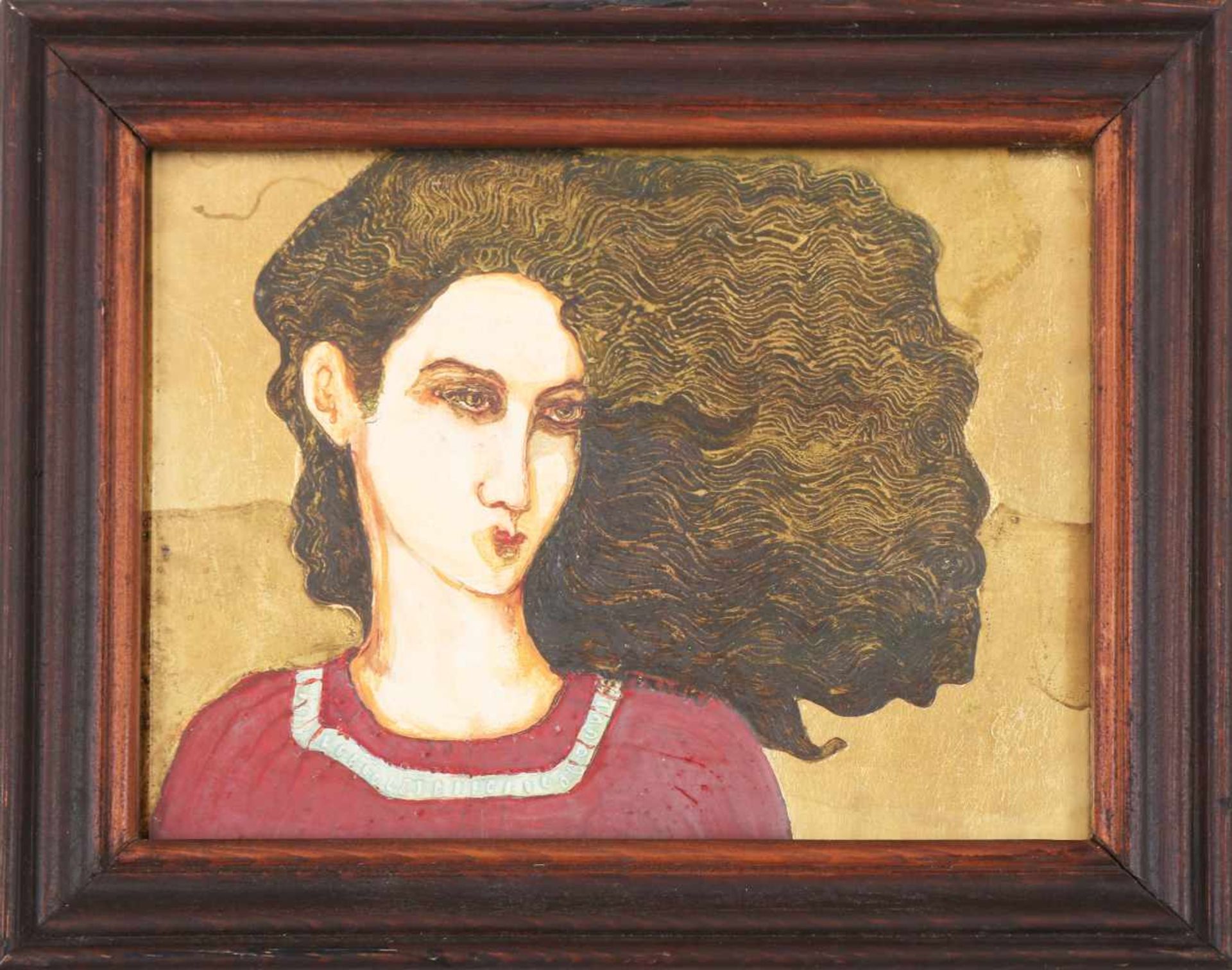 UNBEKANNTER KÜNSTLERMischtechnik auf Malkarton, ¨Porträt einer Frau mit wehendem Haar im Stile des