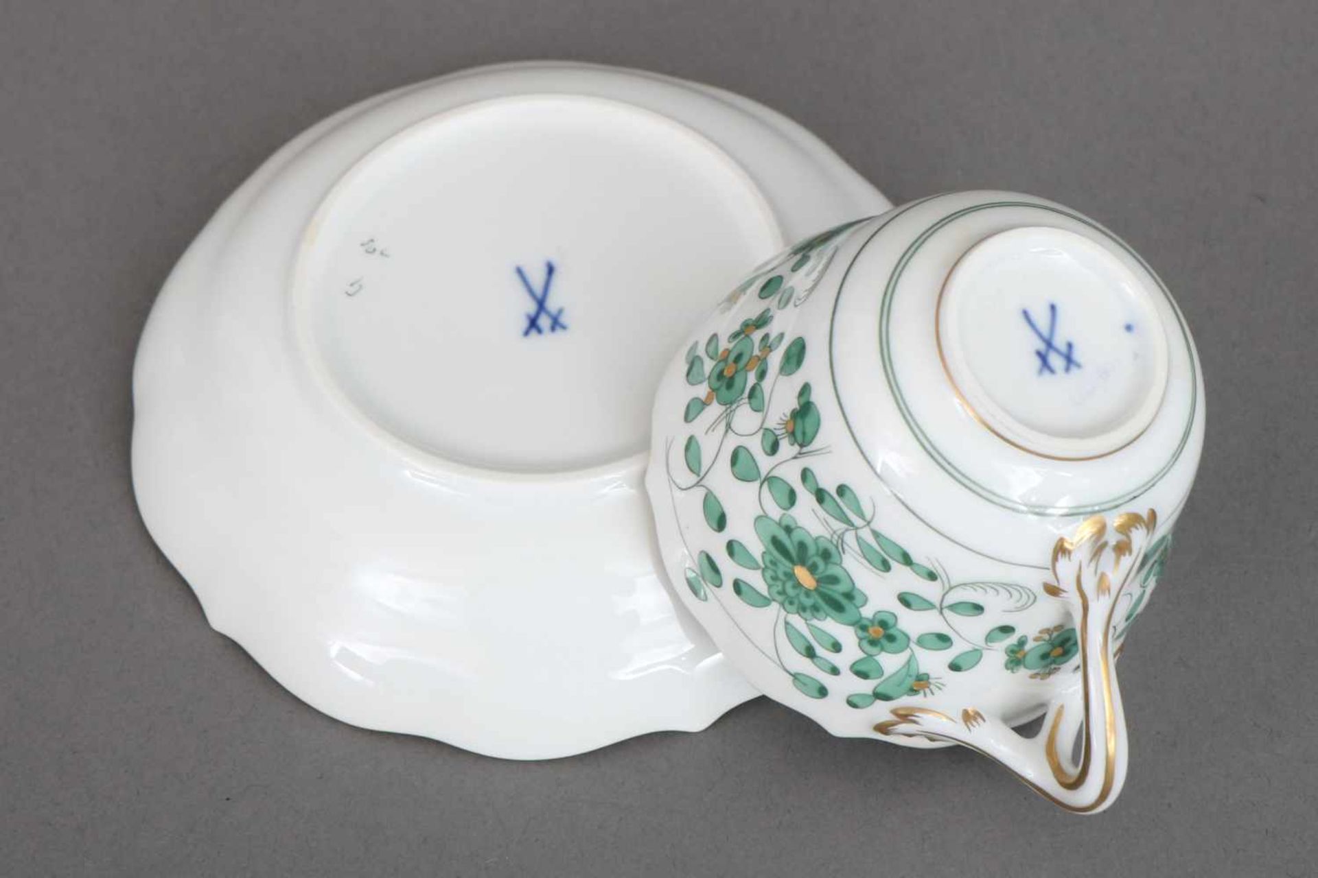 6 MEISSEN Mokkatassen mit UntertassenDekor ¨Indisch grün¨, Goldstaffage, 2. Hälfte 20. Jhdt., 1. - Bild 2 aus 2