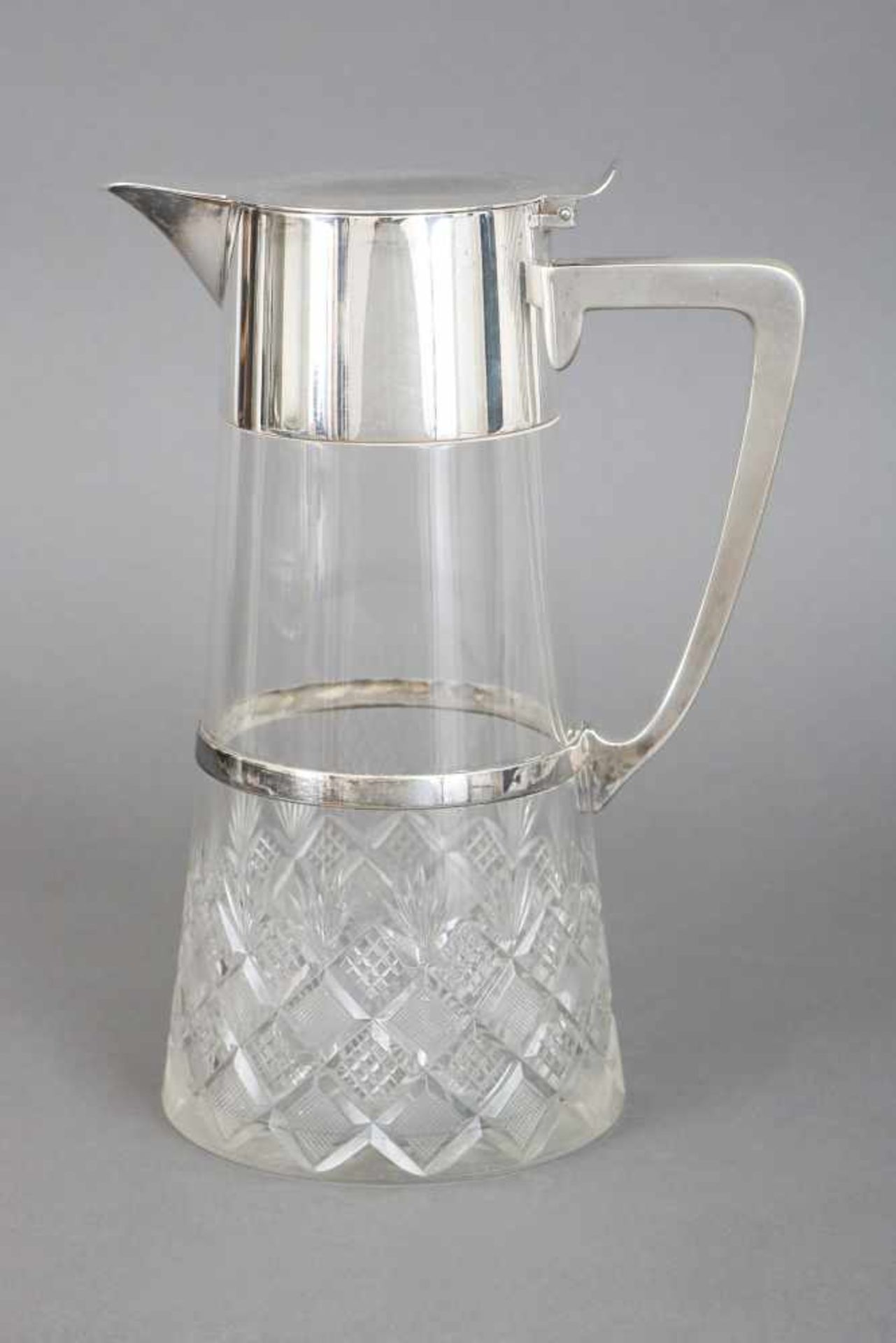 WMF SchenkkrugKristall und versilbertes Metall, um 1920, konischer Glaskorpus mit Waffel- und