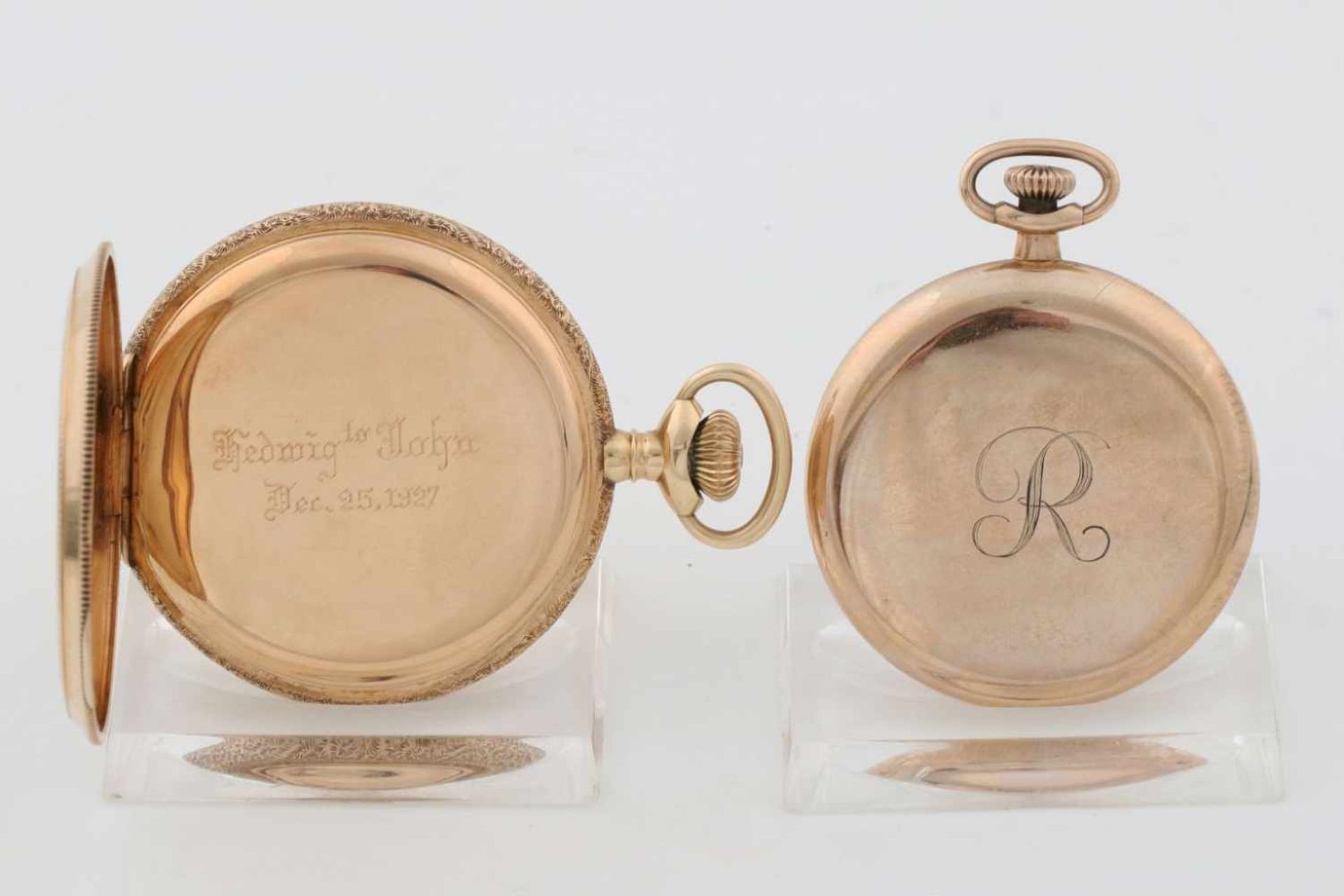 Paar amerikanische Taschenuhren des Jahrhundertwende1x ELGIN, 1x HAMILTON, vergoldetes Metall, 1x - Bild 2 aus 3