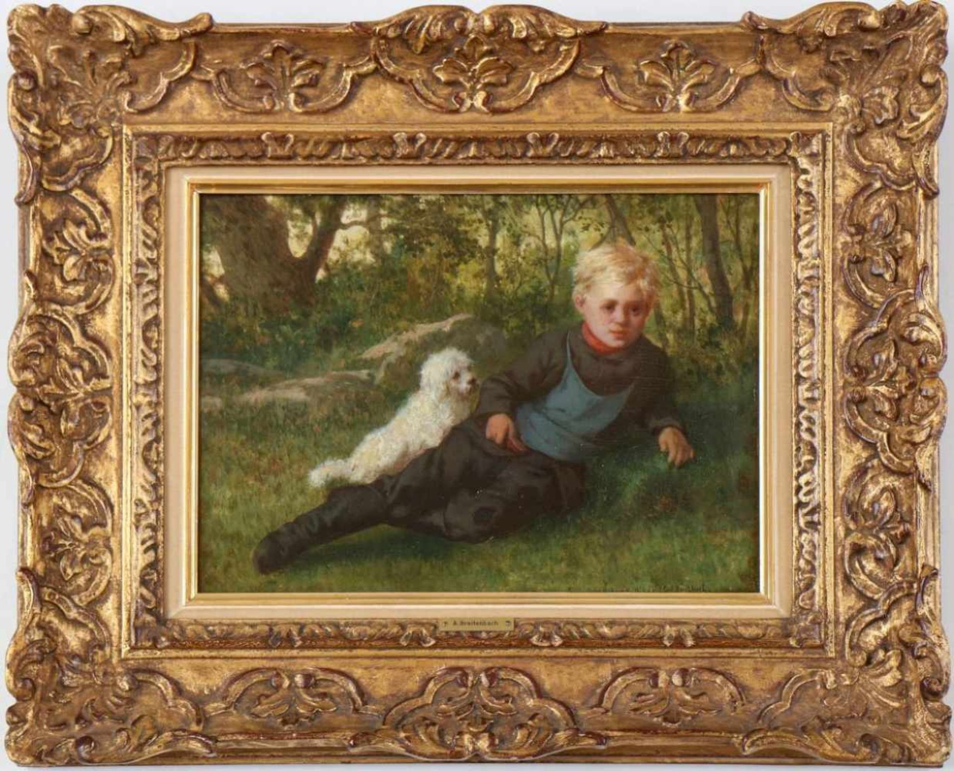 CARL BREITBACH (1833 Berlin - 1904 Kassel)Öl auf Holz, ¨Junge mit Hund auf Waldwiese liegend¨, unten