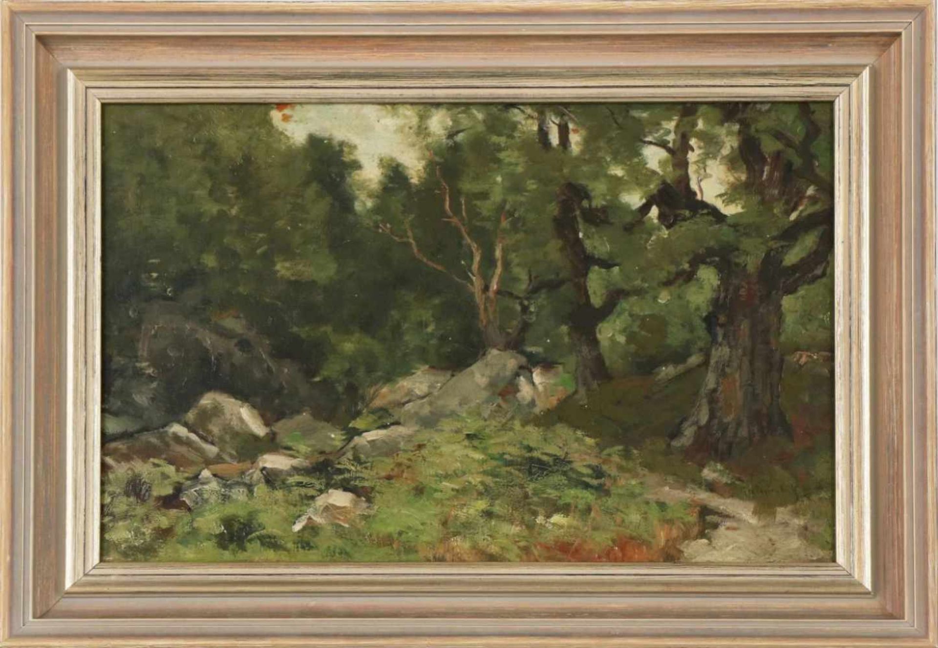 GEO POGGENBEEK (1853 Amsterdam - 1903 ebenda)Öl auf Holz, ¨Waldlandschaft mit Felsen¨, unten