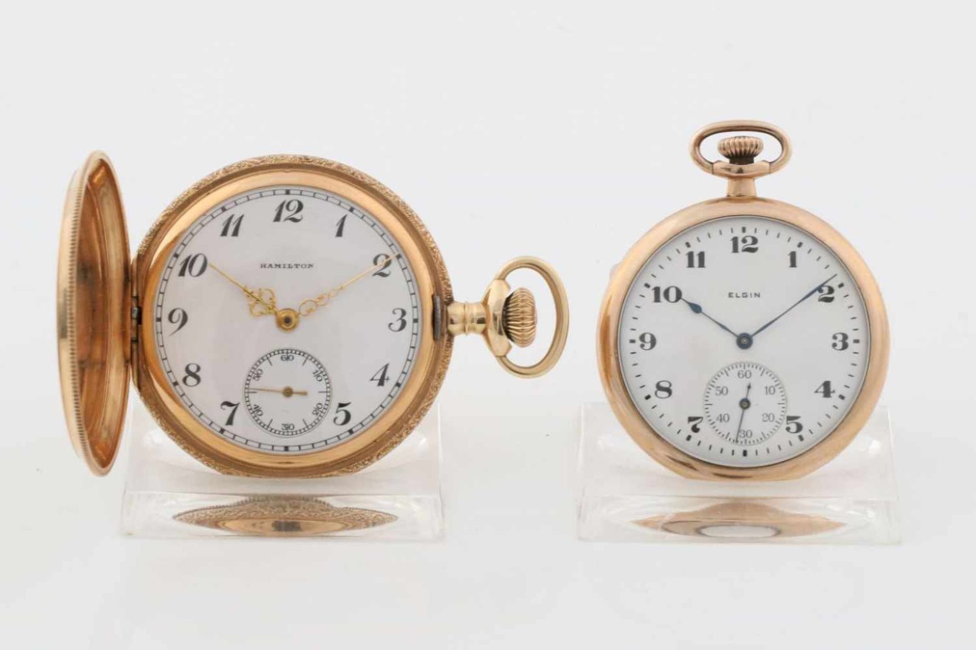 Paar amerikanische Taschenuhren des Jahrhundertwende1x ELGIN, 1x HAMILTON, vergoldetes Metall, 1x