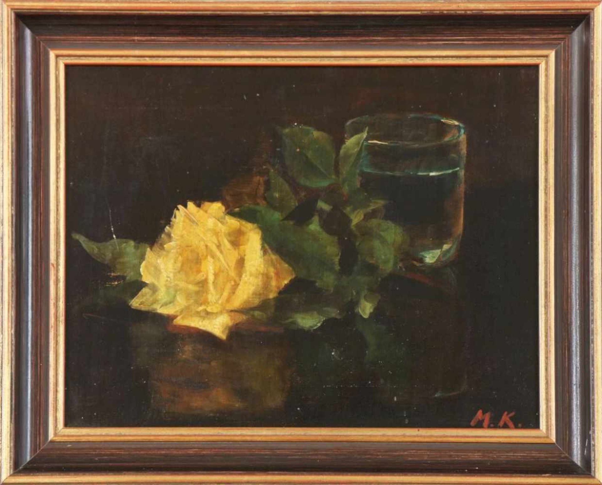 UNBEKANNTER MONOGRAMMISTÖl auf Leinwand, ¨Stillleben mit gelber Rose und Wasserglas¨, unten rechts