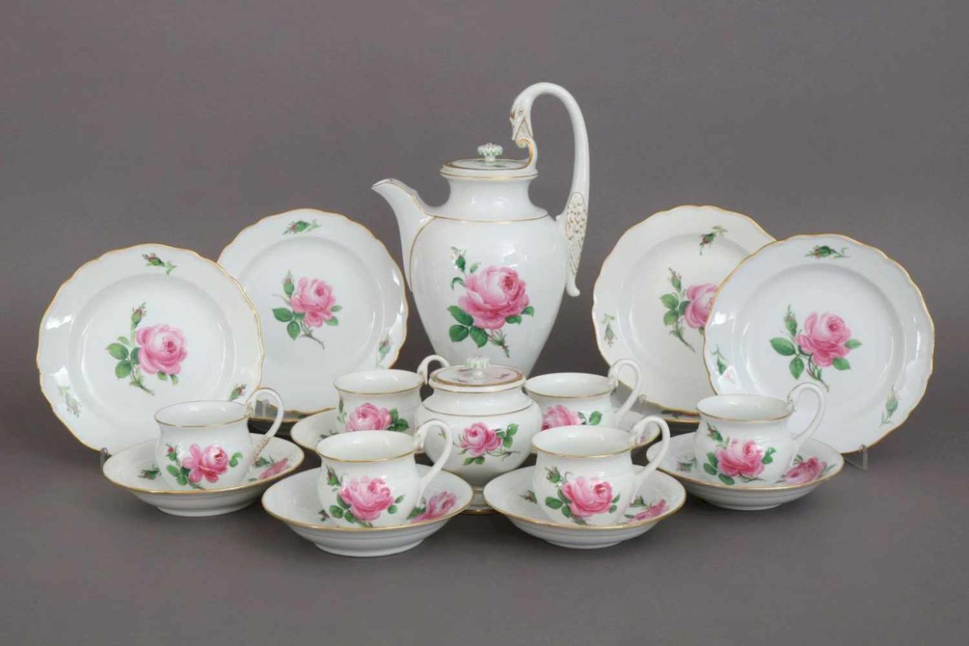 MEISSEN KaffeeserviceDekor ¨Rose¨, Goldrand und Goldstaffage, Empire-Form, 19. und 20. Jhdt. (