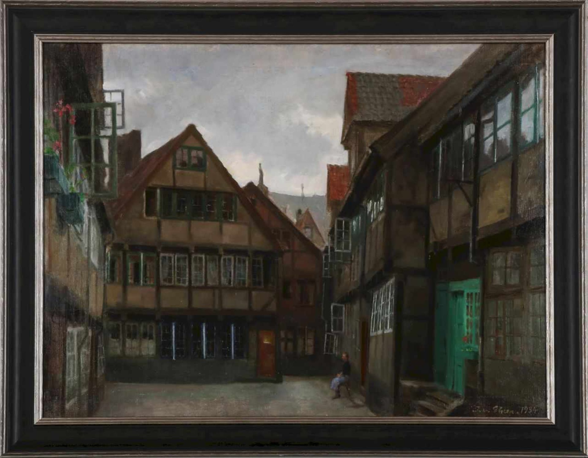 JULIUS VON EHREN (1864 Altona - 1944 Hamburg)Öl auf Leinwand (auf Holz montiert), ¨Hof in Alt- - Image 2 of 4