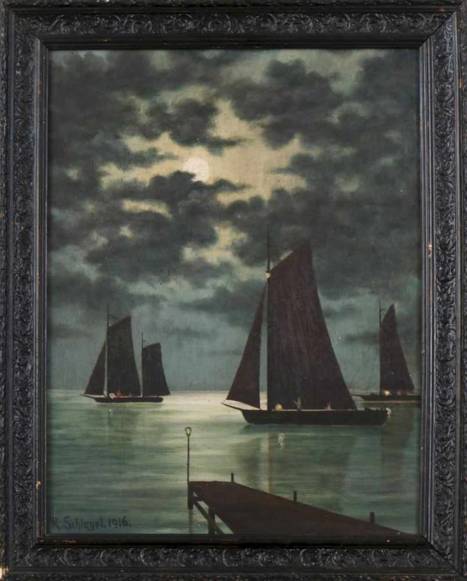 Wohl ROBERT SCHLEGEL (1884 - 1960)Öl auf Leinwand, ¨Segler bei Mondschein, im Vordergrund ein - Image 2 of 4