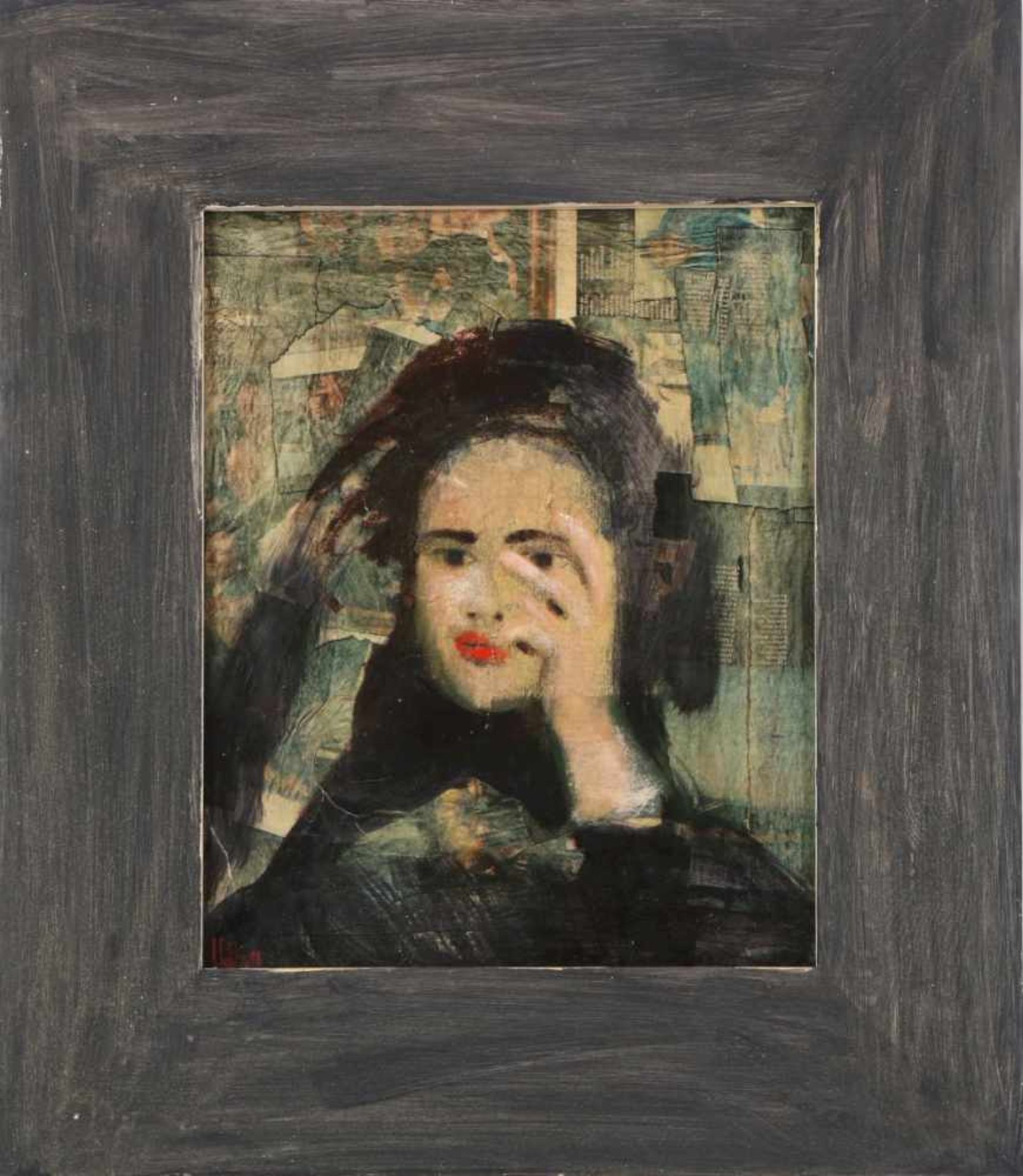 JUAN CASTILLA (1931 Sevilla)Mischtechnik/Collage auf Platte, ¨Frauenporträt mit vors Gesicht