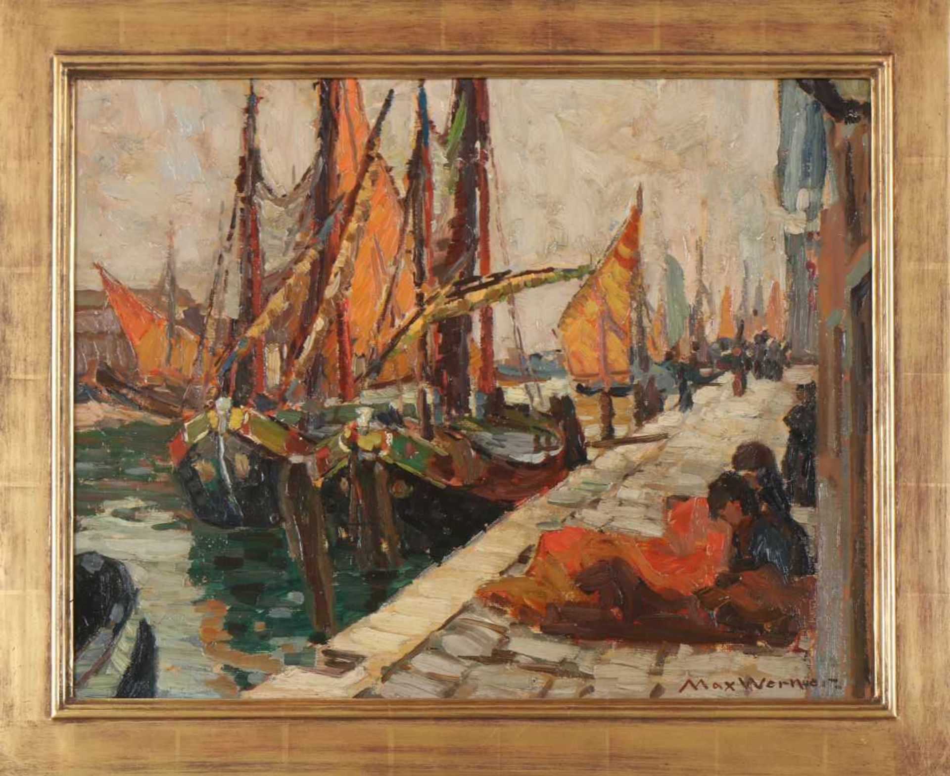 MAX WERNER (1879 Staucha - 1948)Öl auf Hartfaserplatte, ¨Segler an belebter Hafenpromenade¨, unten