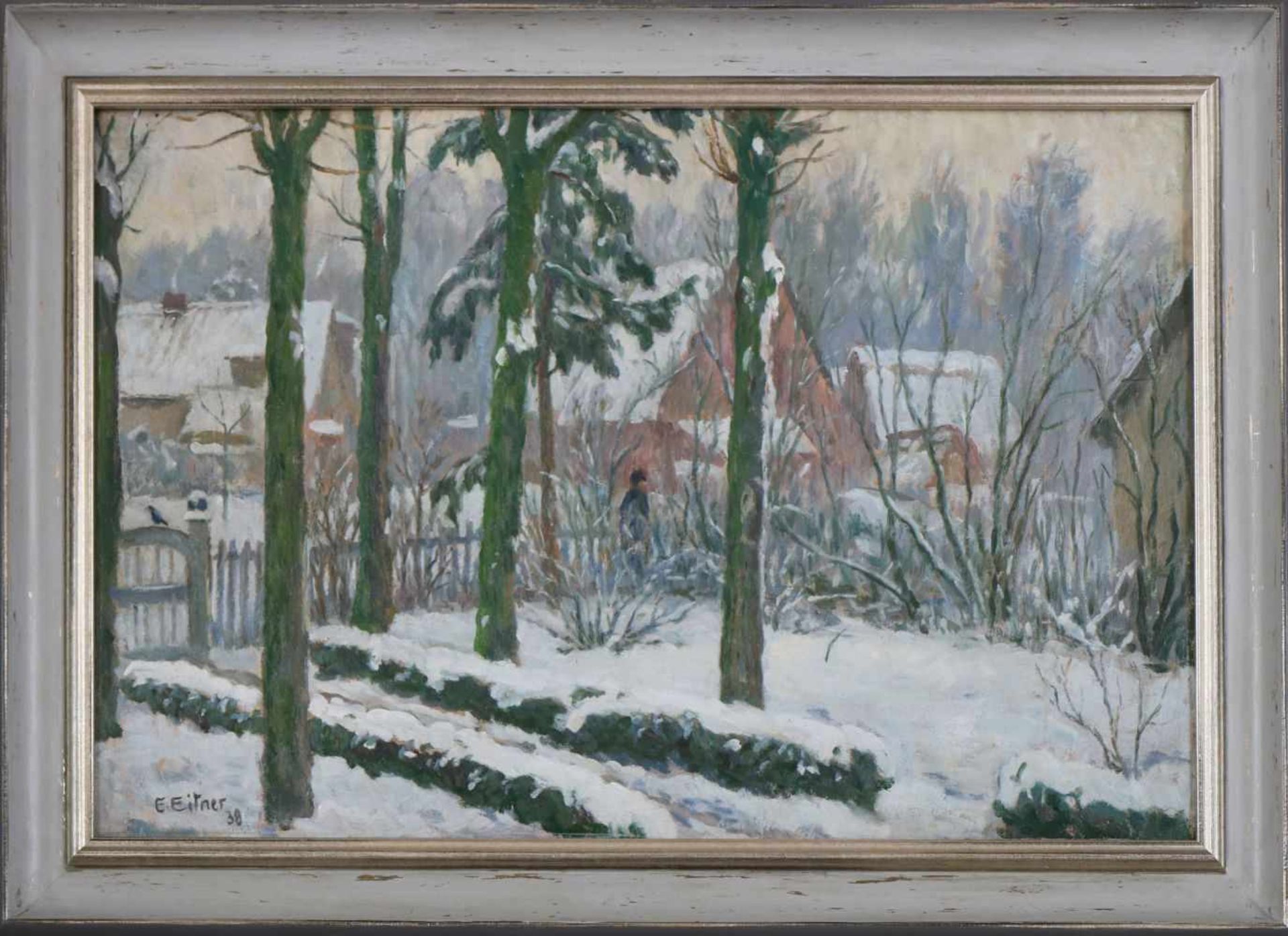 ERNST EITNER (1867 Hamburg - 1955 ebenda)Öl auf Karton, ¨Winterliche Dorfansicht mit Spaziergänger