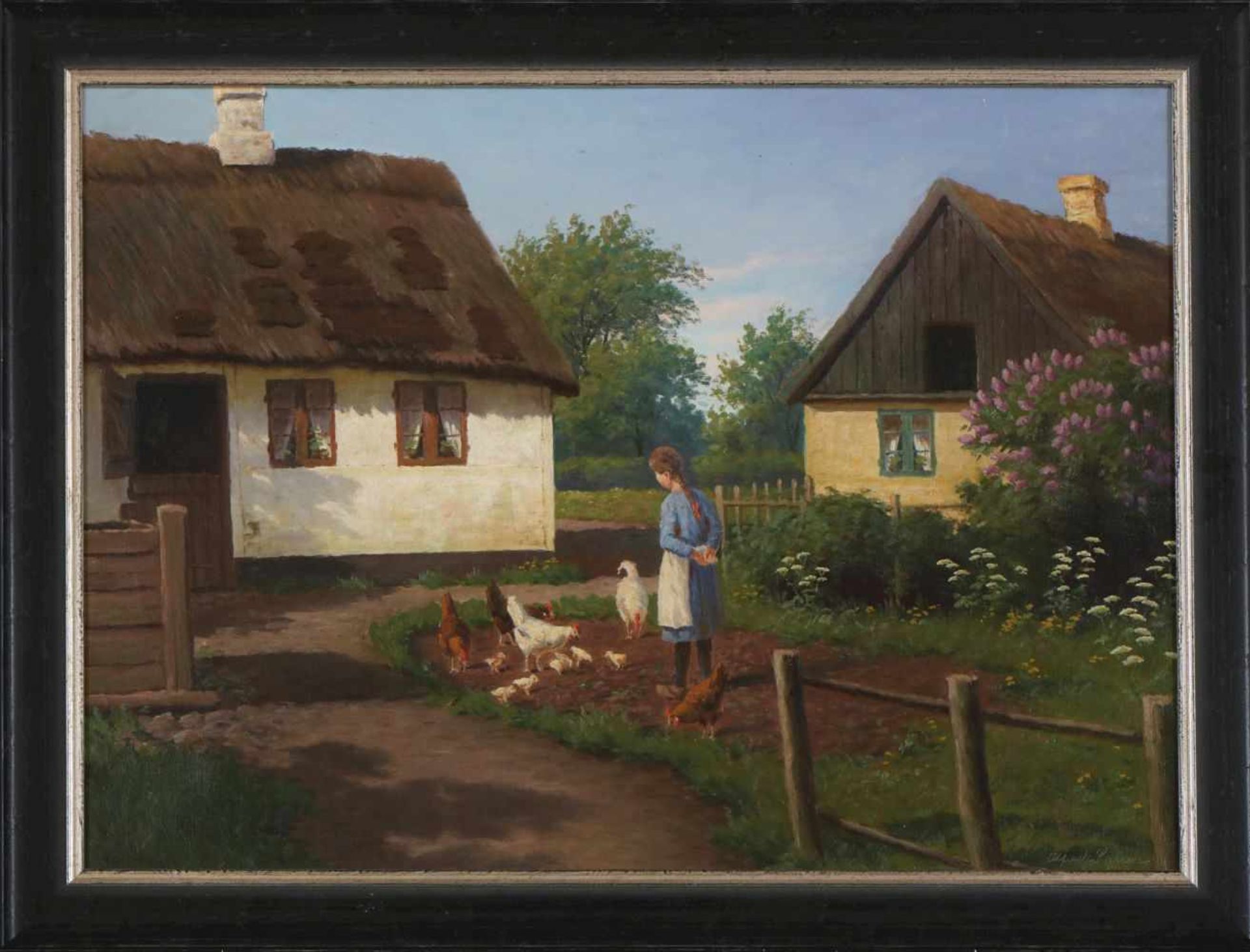 ALFRED LARSEN (1886 - ?)Öl auf Leinwand, ¨Mädchen beobachtet Hühner im Innenhof¨, unten rechts - Bild 2 aus 4