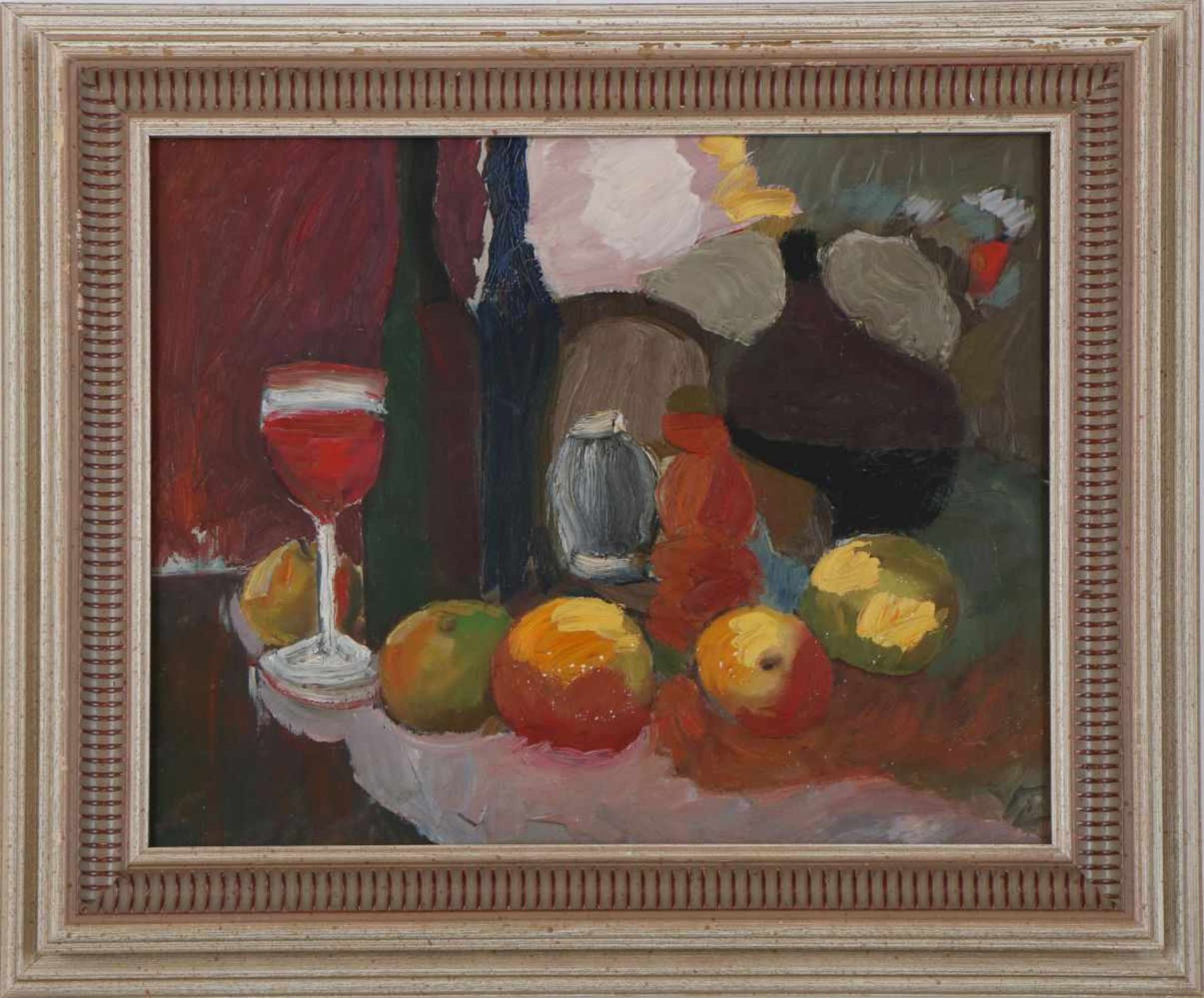 UNBEKANNTER KÜNSTLERÖl auf Hartfaserplatte, ¨Stillleben mit Früchten, Flaschen und Weinglas¨, - Bild 2 aus 4