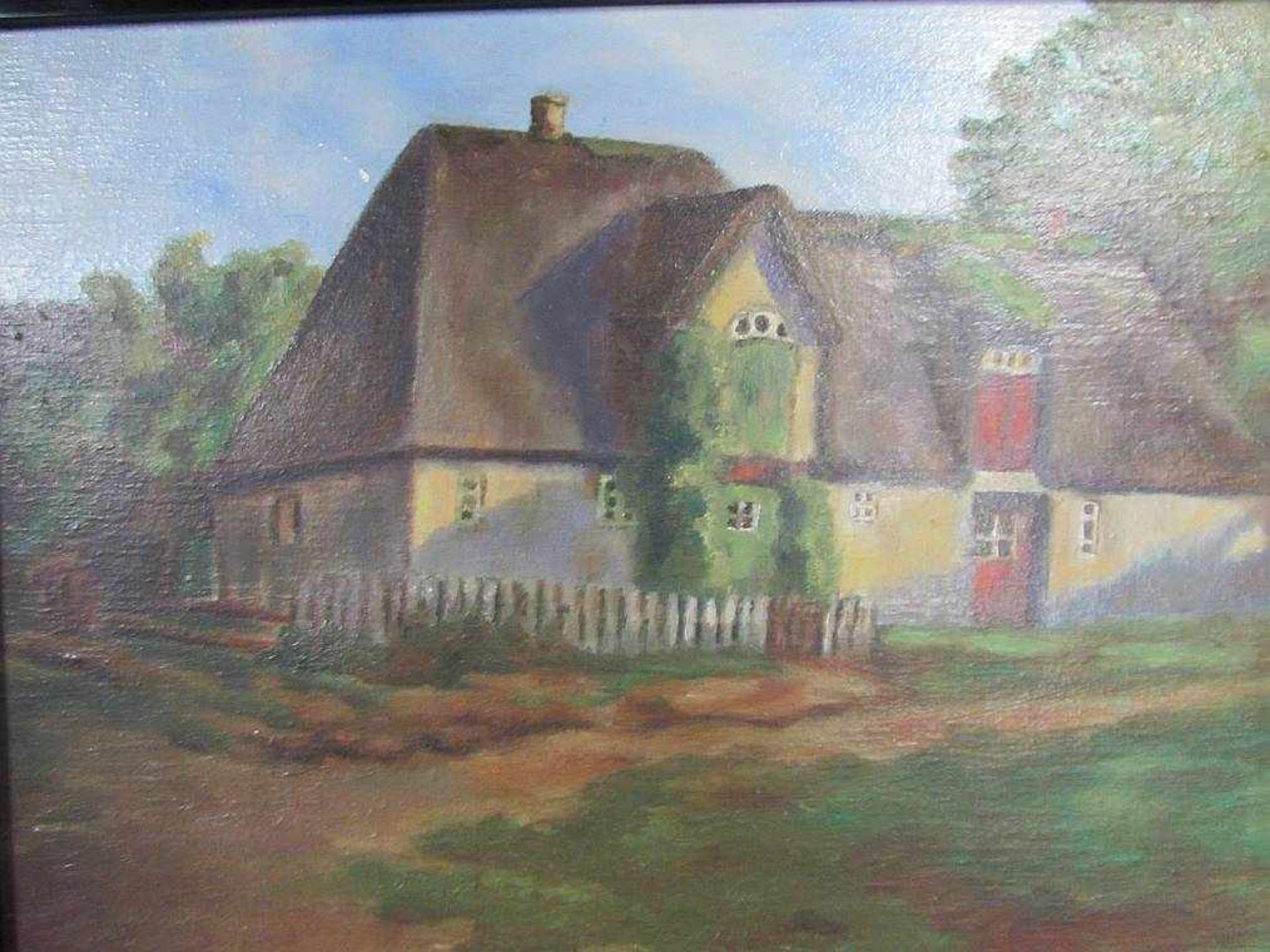 Ölgemälde Öl auf Leinwand reetgedecktes Haus monogramiert ED 52x41cm