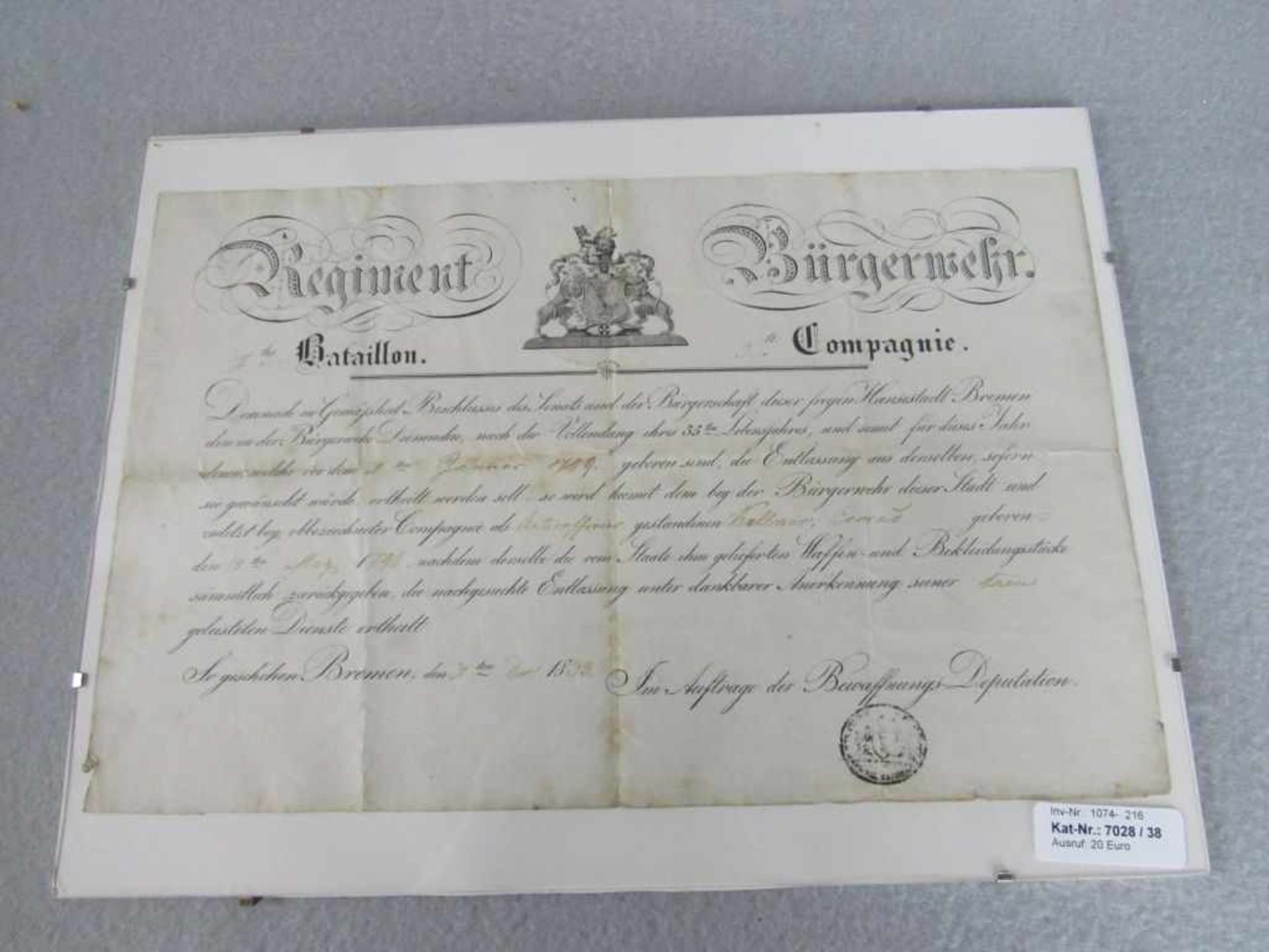 Militärische Urkunde Regiment Bürgerwehr Bremen von 1839 100% original Battmaß 24,5x38cm