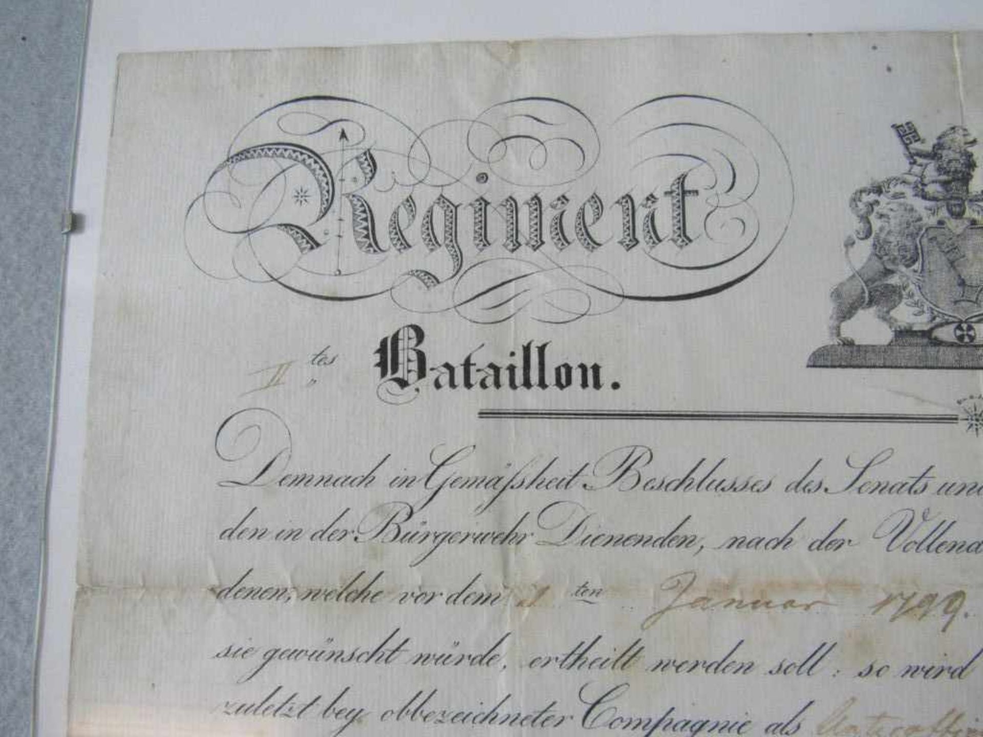 Militärische Urkunde Regiment Bürgerwehr Bremen von 1839 100% original Battmaß 24,5x38cm - Bild 2 aus 3