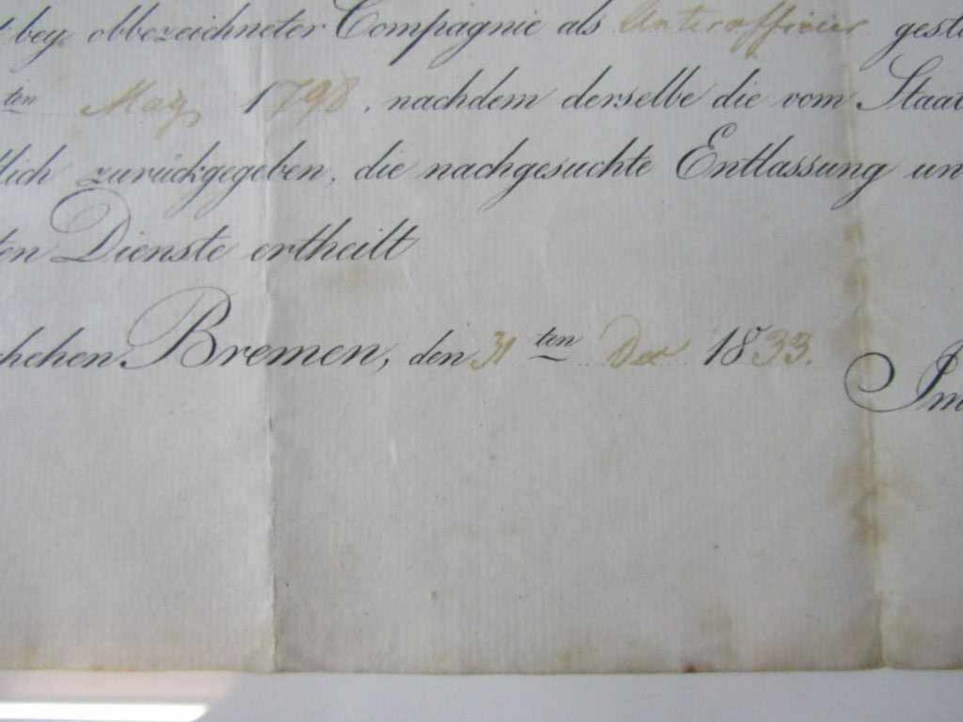Militärische Urkunde Regiment Bürgerwehr Bremen von 1839 100% original Battmaß 24,5x38cm - Bild 3 aus 3