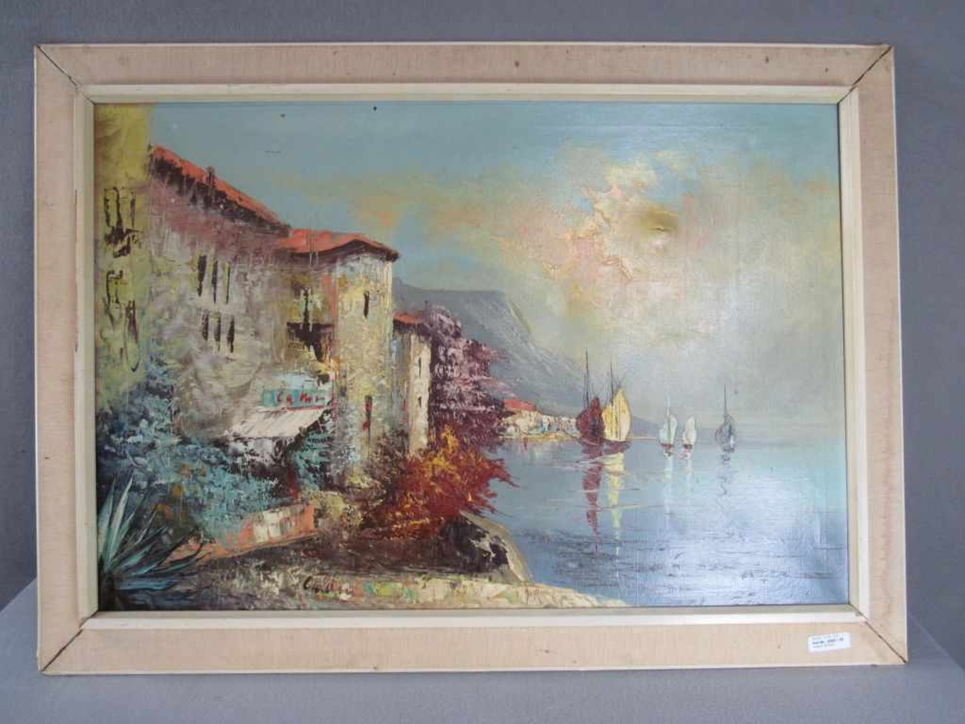 Ölgemälde Öl auf Leinwand italienische Hafenansicht unleserlich signiert 77x107cm