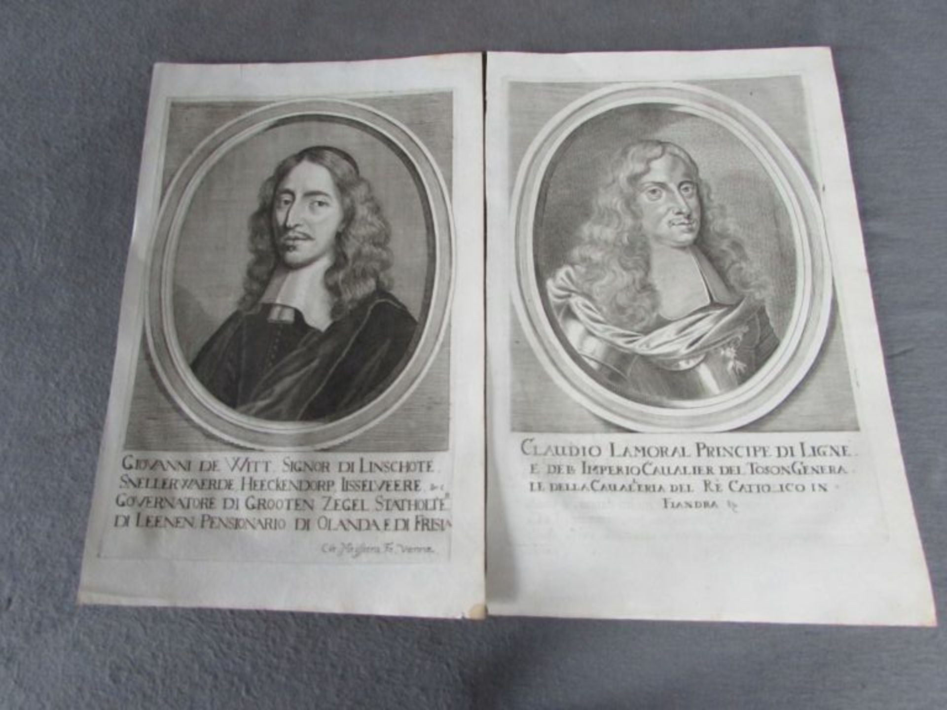 2 Kupferstiche Portraits mit Persönlichkeiten aus den Niederlanden 17. Jhr (u.a. Meijssens) Maße