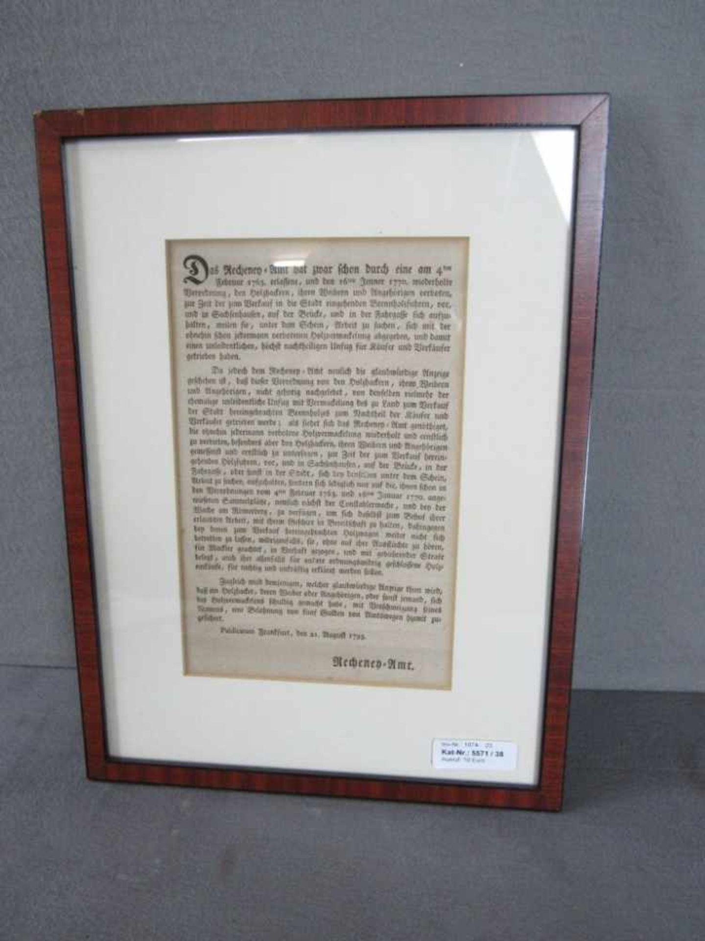 Antikes Blatt Rechenamt von 1793 gerahmt Verordnung 40x30cm Frankfurt