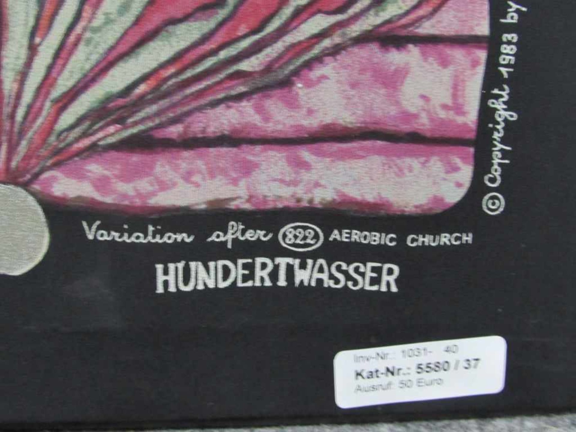 Bild Kopie Hundertwasser auf Stoff gemalt 1983 by Gruener Janura Ag Schwitzerland 119x117cm - Bild 2 aus 3