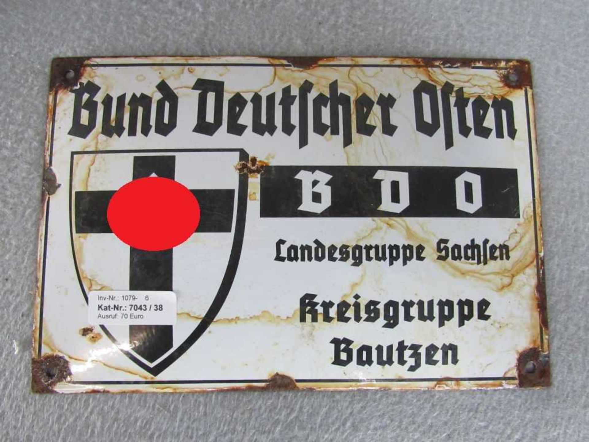 Emaillieschild 2. WK Bund Deutscher Osten BDO Landesgruppe Sachsen Kreisgruppe Bautzen