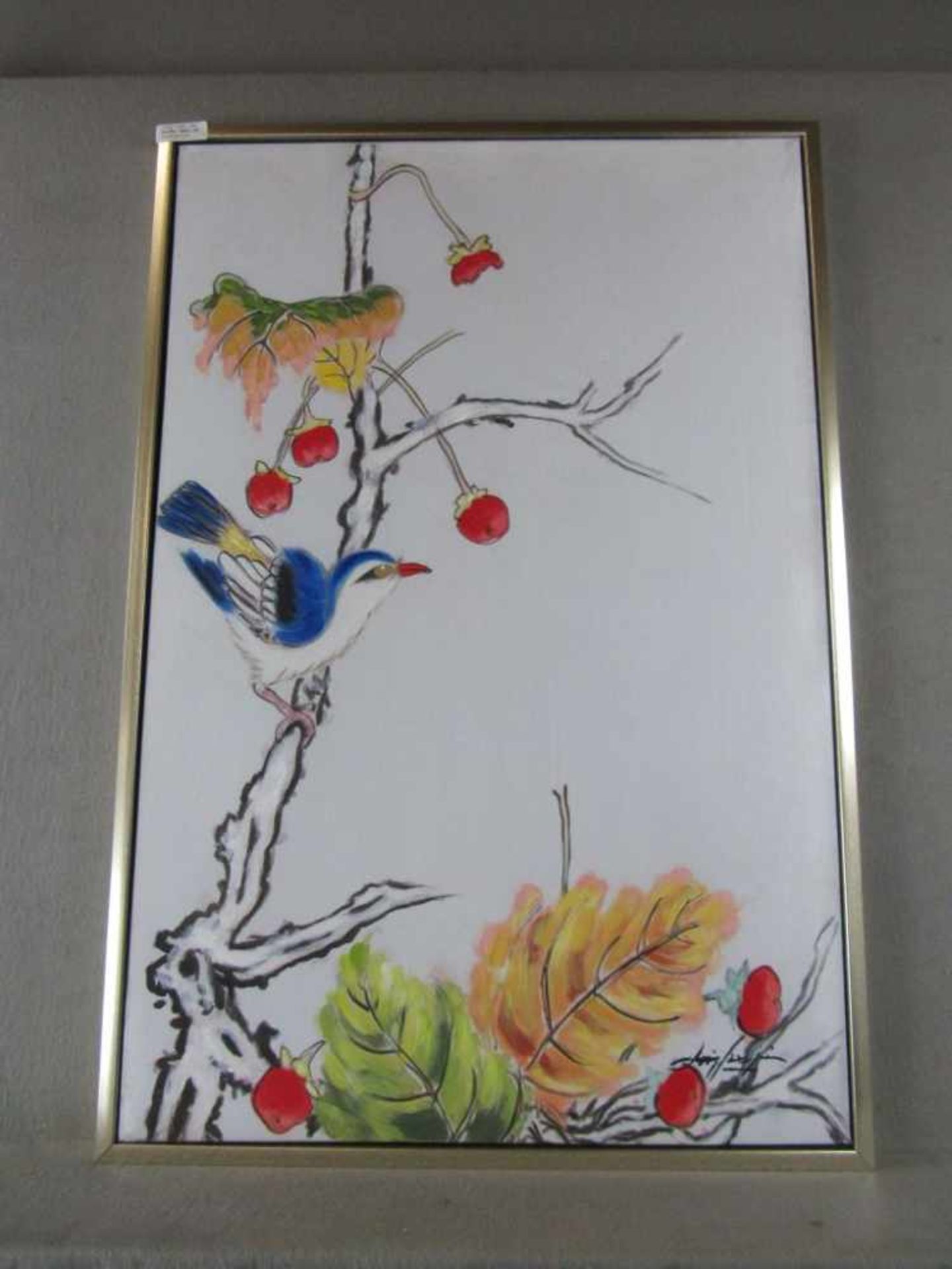 Gemälde Asiatisch Vogel und Früchte gerahmt 63x94cm