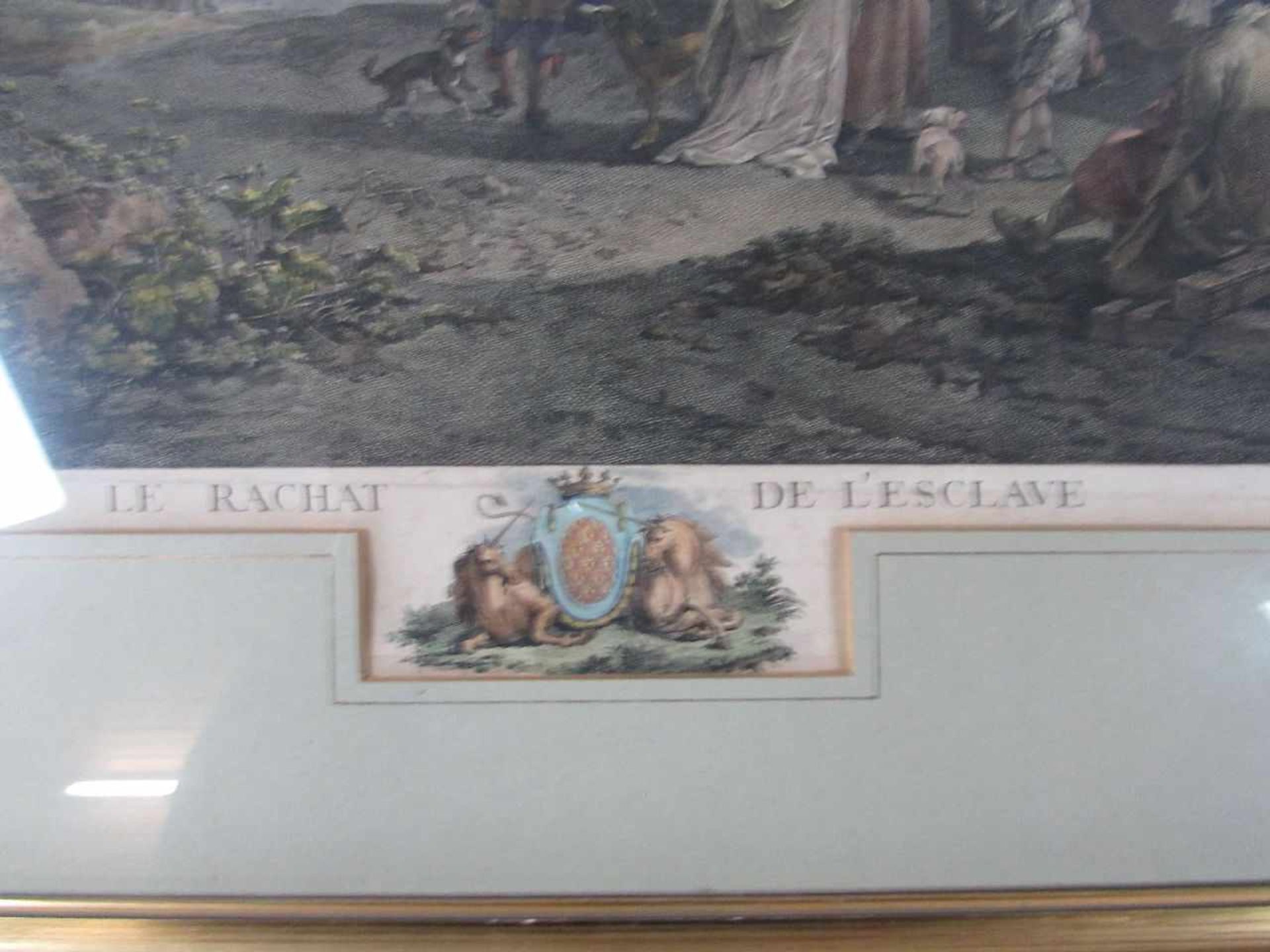 antiker Kupferstich, coloriert, "Le Rachat de Lesclave", 18 Jhd, hinter Glas - Bild 3 aus 4