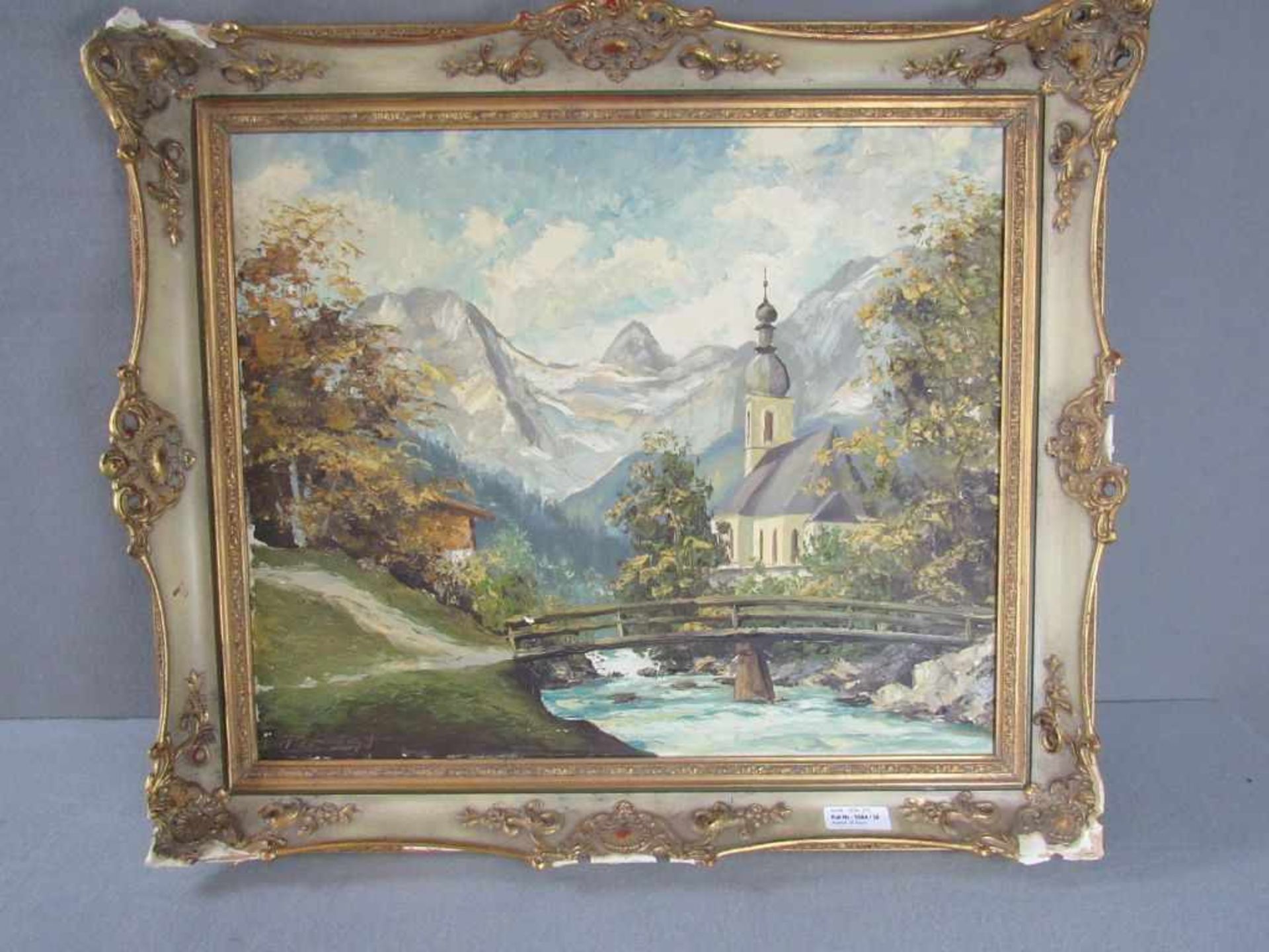 Ölgemälde Öl auf Leinwand links unleserlich signiert Bergkapelle 76x67cm