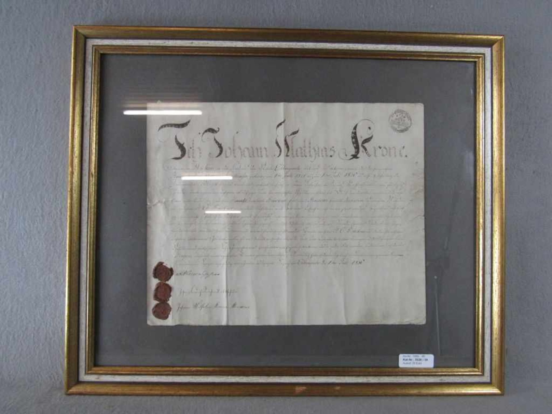 Schriftstück zwei gute Groschen von 1830 drei Siegel gerahmt 52x62cm