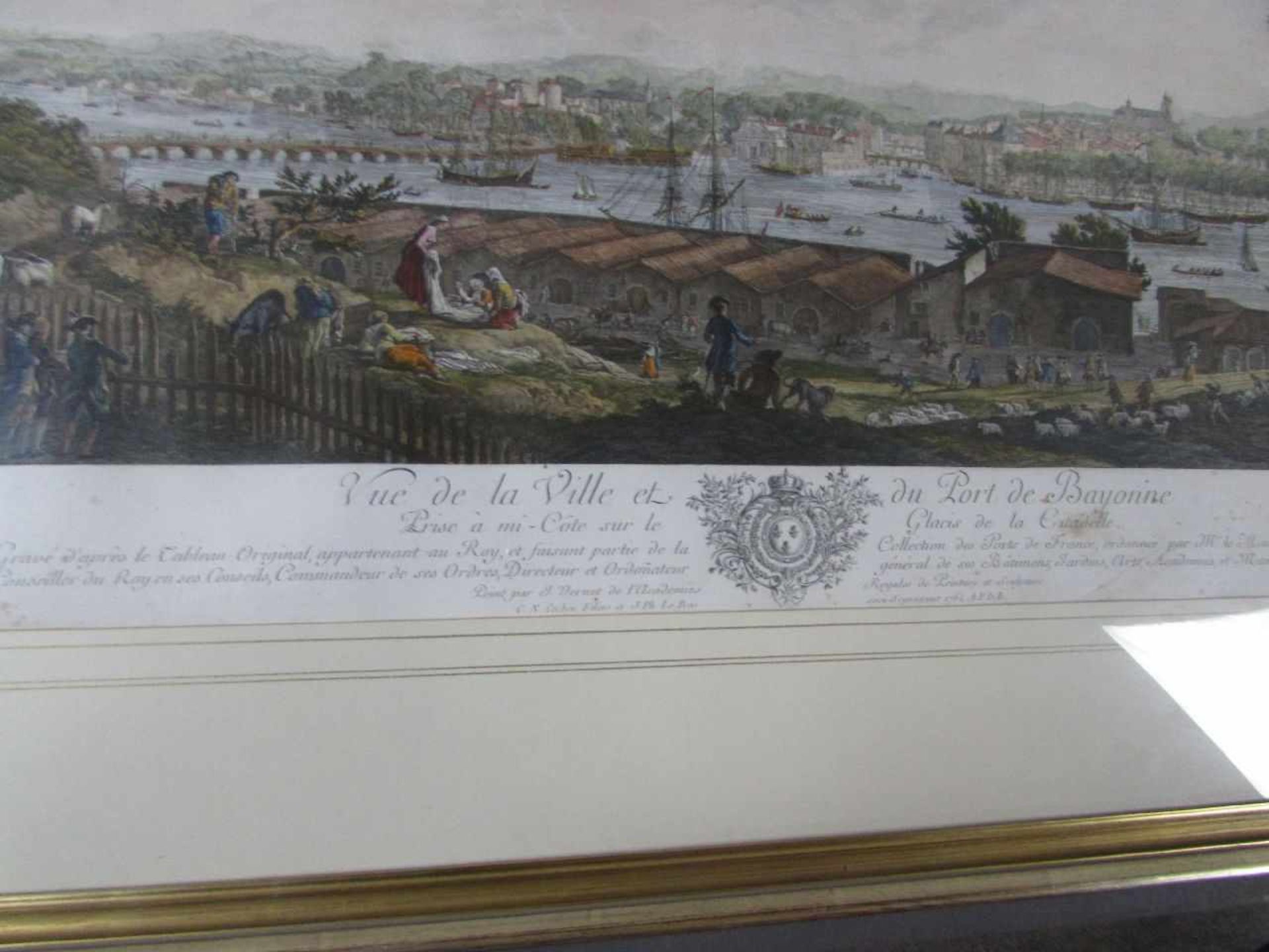 Antiker Kupferstich, coloriert, 1764, hinter Glas, Stadtansicht Bayone (Frankreich) - Bild 3 aus 4