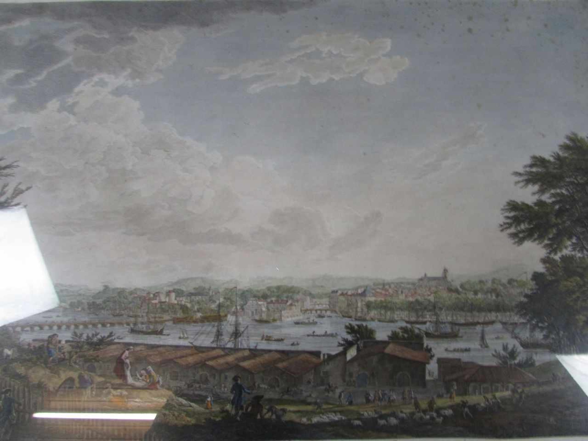 Antiker Kupferstich, coloriert, 1764, hinter Glas, Stadtansicht Bayone (Frankreich)